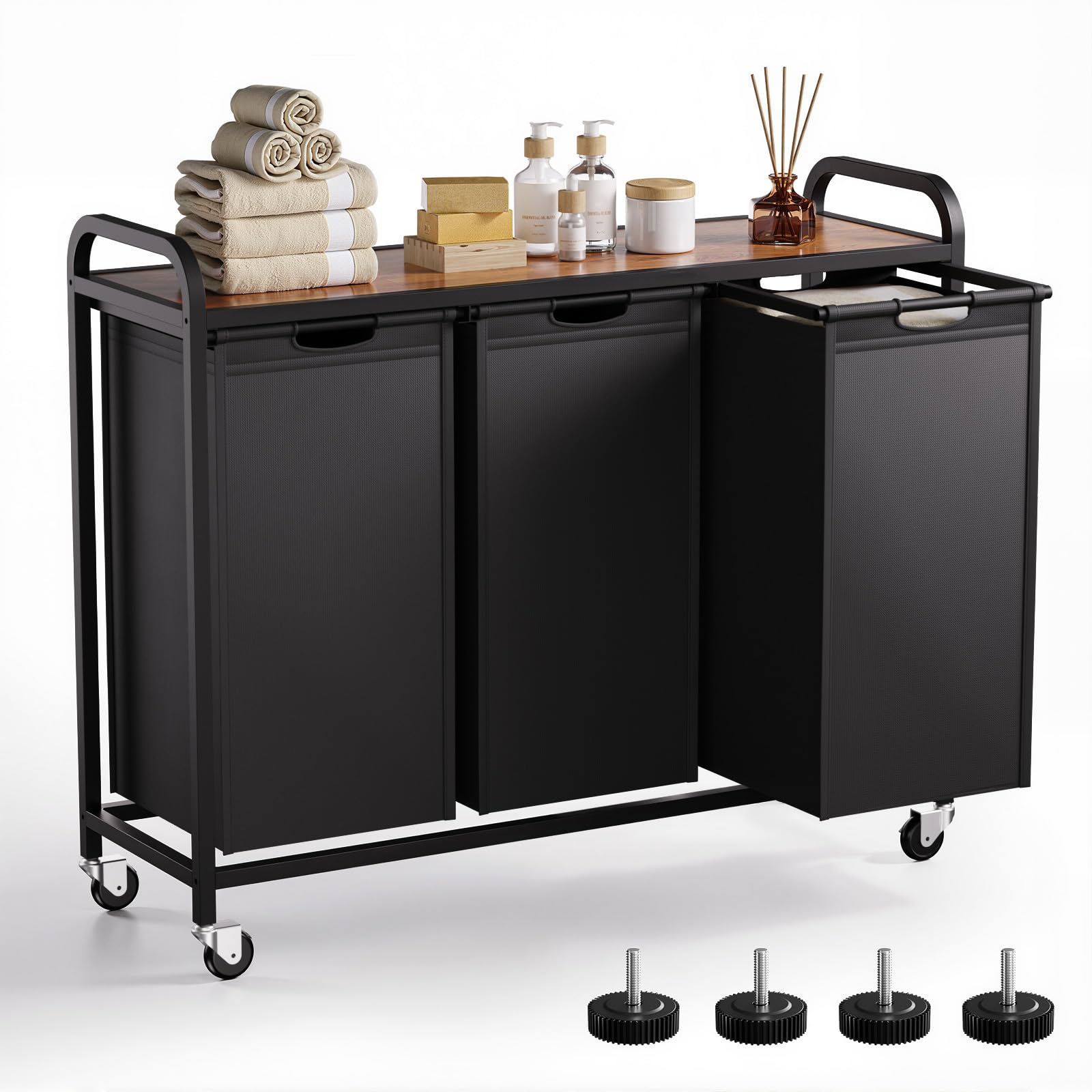 3-section laundry hamper and laundry sorter with pull-out organizer bags, rolling laundry basket with wheels and top shelf, large capacity 3 x 12.7 gal (144l)