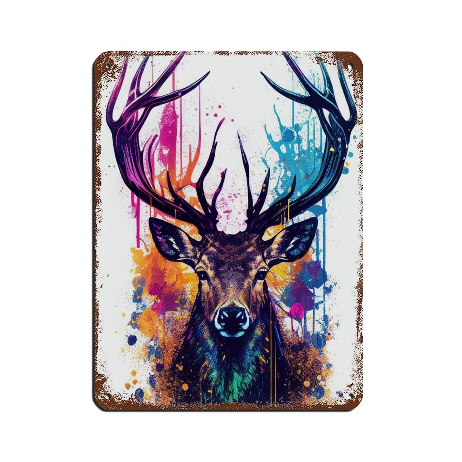 Watercolour Deer Portrait Poster Tin Sign Vintage Metal Pub Club Cafe Bar Home Wall Art Decoration Poster Retro 12x16inch(30x40cm)