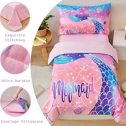 Miniatura 7 de Juego de edredón de sirena para niñas pequeñas, 4 piezas de ropa de cama infantil con escamas de peces con purpurina degradada, ultrasuave,
