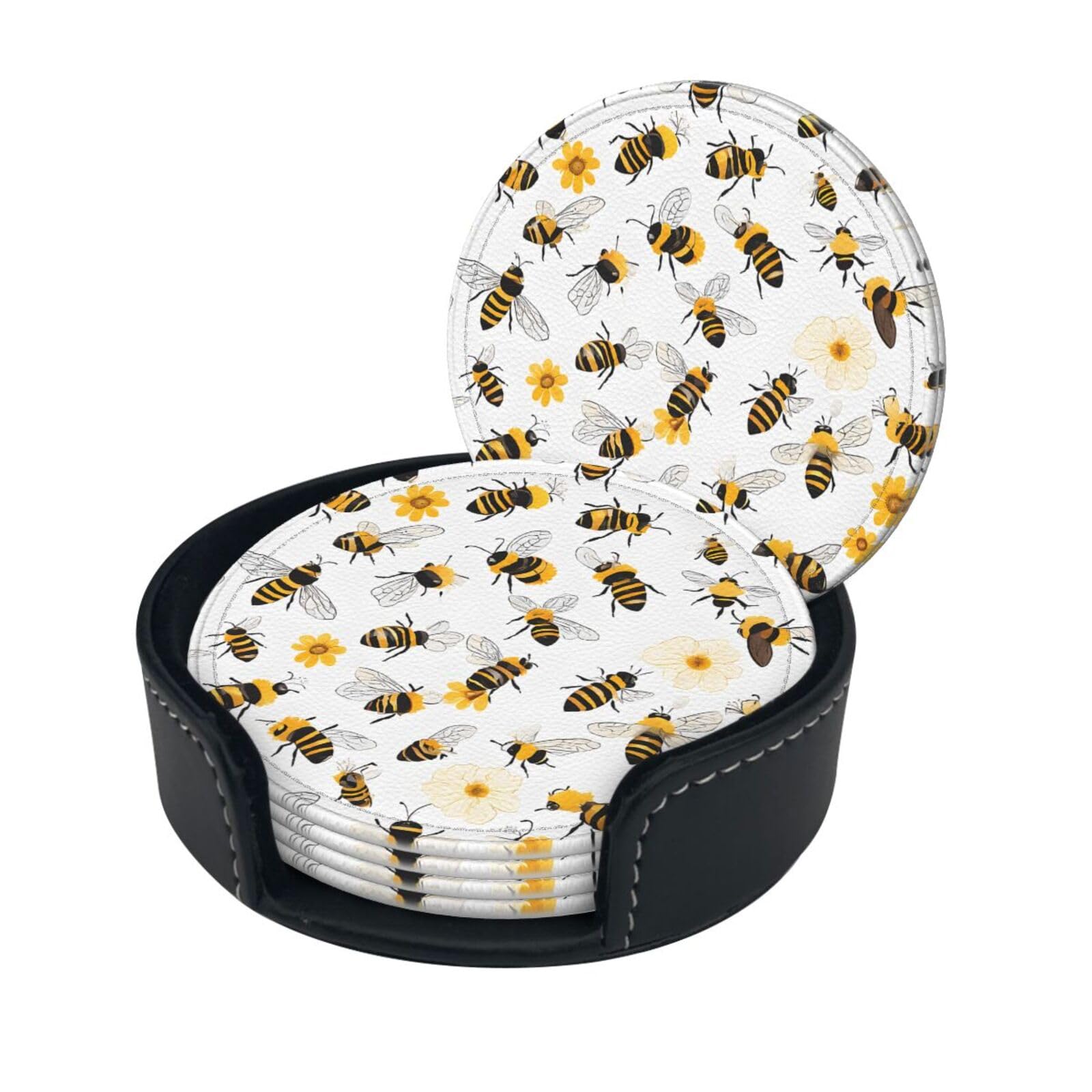 Flying Bees Daisy Honey Print Coaster,Round Leather Coasters with Storage Box for Wine Mugs,Cold Drinks and Cups Tabletop Protection (6 Piece)