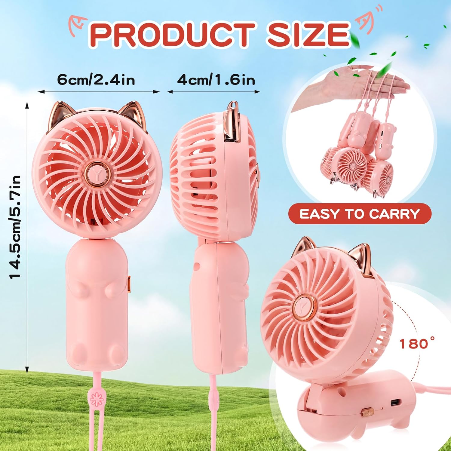 Glooglitter 4 Pcs Mini Handheld Fan Bulk, Pink USB Rechargeable Portable Personal Fan, 3 Speed Wind, 180° Adjustable Fold, Cute Cat Ears Design, for Women Girls Indoor Outdoor Travel Camping Supplies