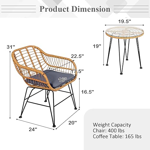 Miniatura 5 de Tangkula Juego de 3 piezas de patio bistró, juego de conversación de ratán con 2 sillones acolchados y mesa de centro redonda de vidrio, juego de