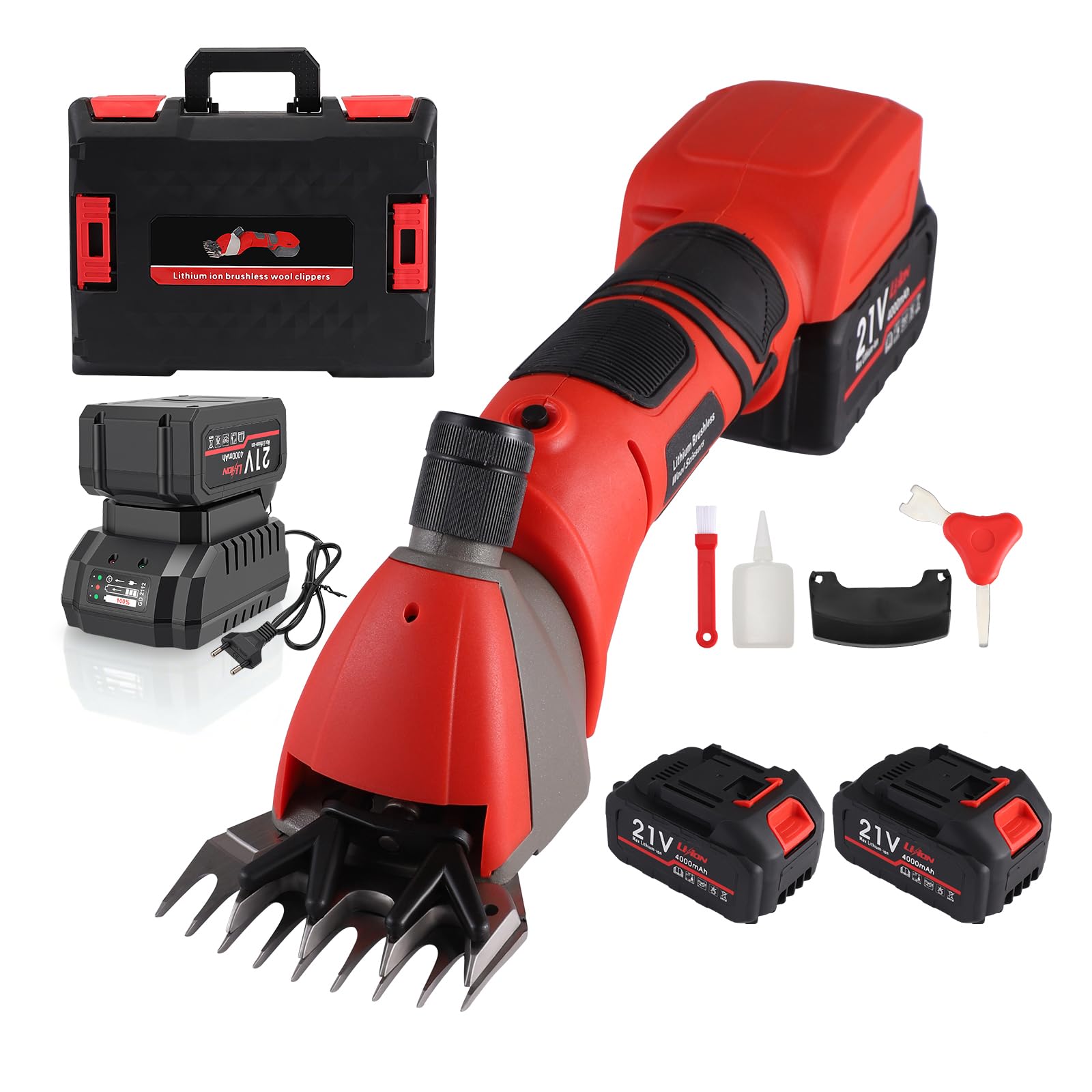 Esquiladora de ovejas inalámbrica de 500 W con motor sin escobillas, 3000 RPM, 2 baterías 4000 mAh, 6 velocidades regulables, cabezal ajustable, ideal para ovejas, alpacas, cabras, rojo | Motor de cobre 3000 rpm; autonomía 60min por batería; hoja ajustabl