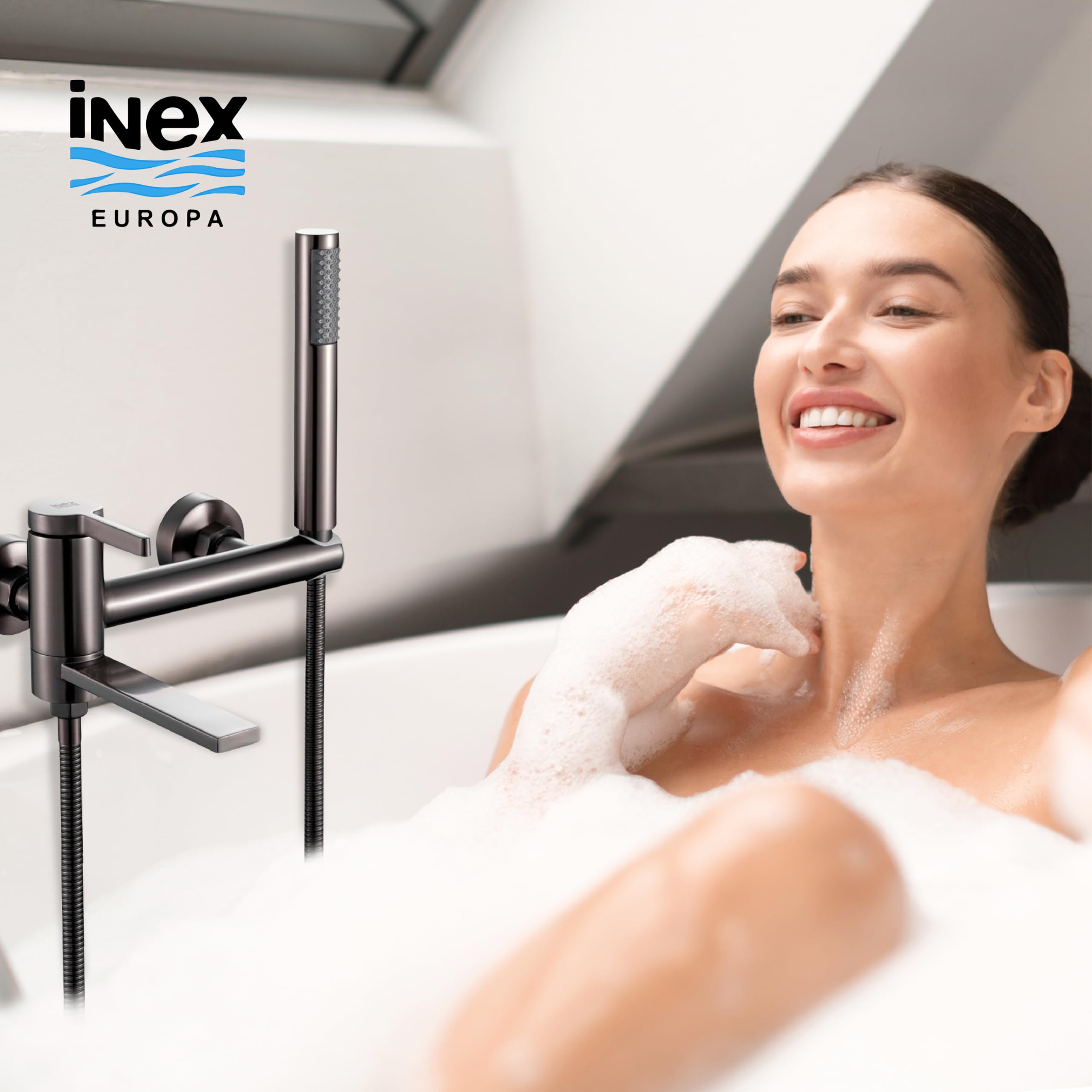 INEX EUROPA Grifo Bañera Ducha de Acero Inoxidable - Grifo de Baño con Teléfono de Mano y Manguera 175cm - Grifo Monomando Alta Presión Ahorro de Agua - Instalación Fácil y Ajustable (Gris)