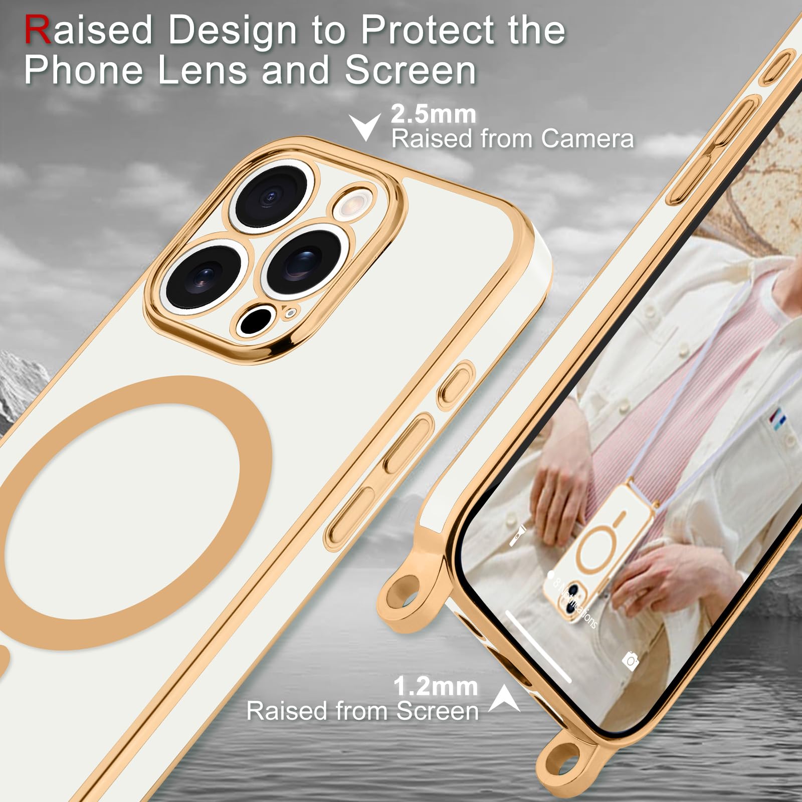 Wirvyuer Hoesje Met Koord Voor IPhone 16 Pro – Magnetisch, Verstelbaar En Met Glanzende Rand In Lavendel