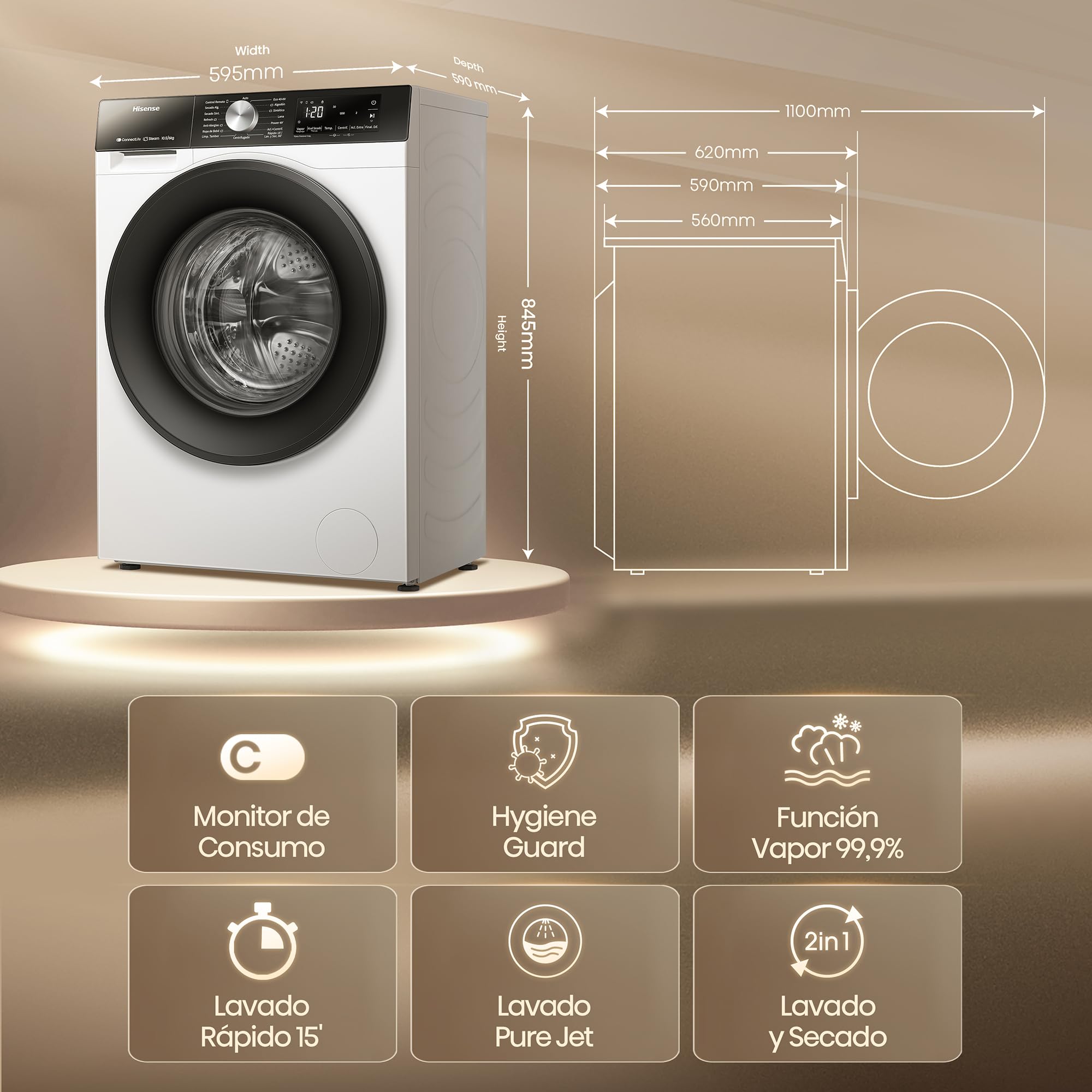Hisense WD3S1043BW3 - Lavadora Secadora 2 en 1 con Vapor,Clase D/A, Carga Frontal 10.5 kg Lavado, Secadora 6 kg, Conectividad WiFi, Programación Asistida, Monitor de Consumo, Serie 3S, Blanco