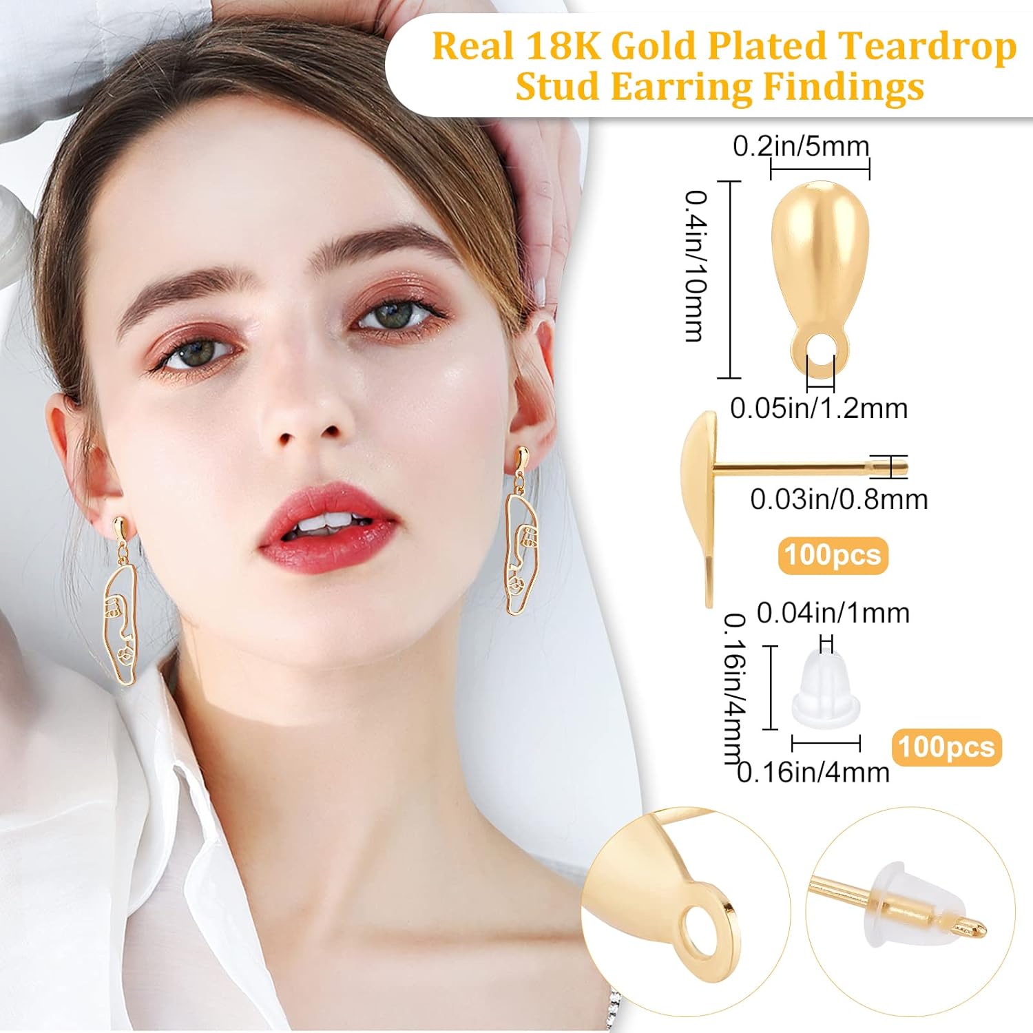 Beebeecraft 100Pcs/Box 18K Gold Plated Earring Findings Teardrop Posts Stud Earrings Components with Loop and 100Pcs Plastic Earring Backs for DIY Earring Jewelry Making - Image 2