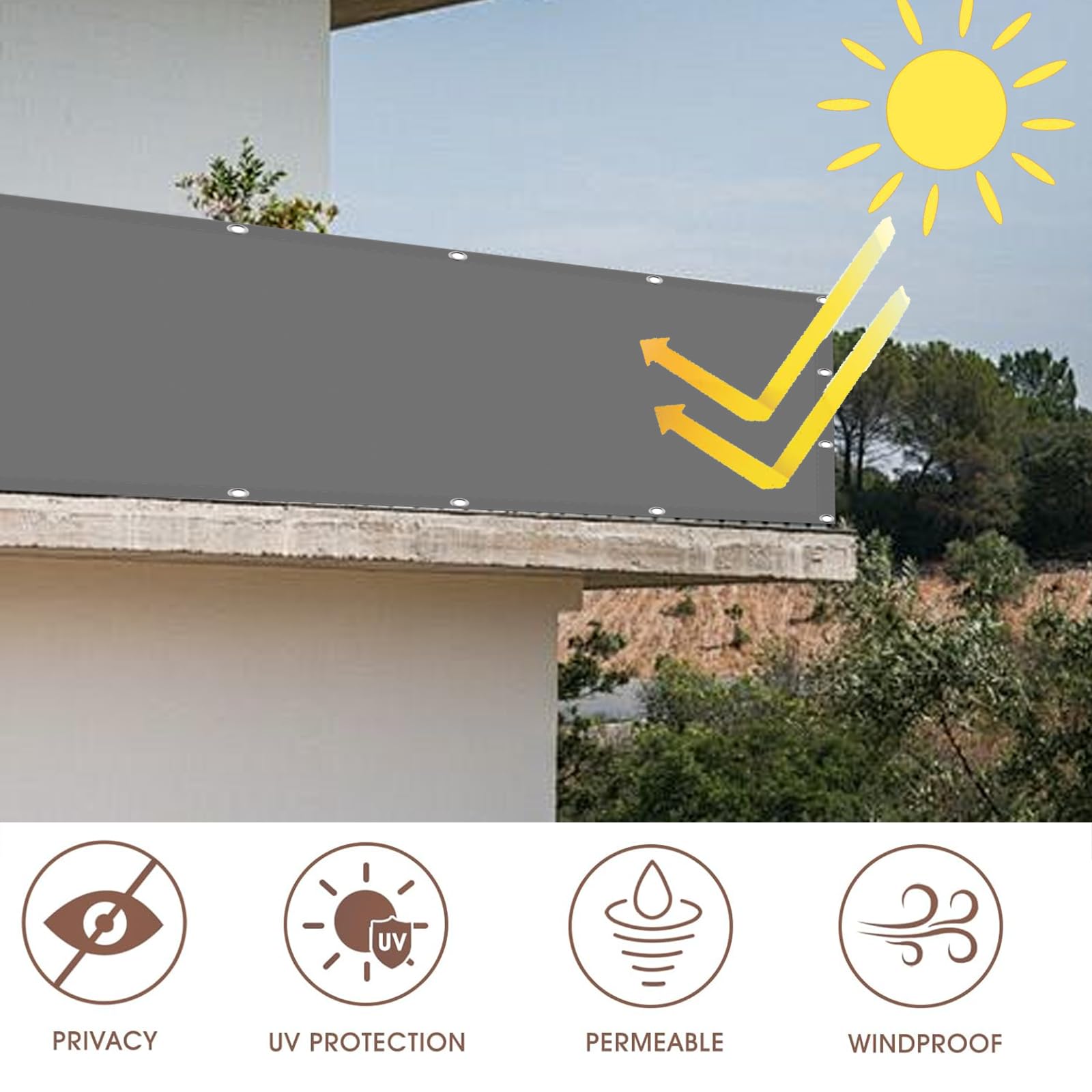 Frangivento 40 x 600 cm Resistente al Vento, Impermeabile Anti UV Telo Frangivisto Balcone Ringhiera con Corde, Occhielli per Giardino, Grigio Chiaro