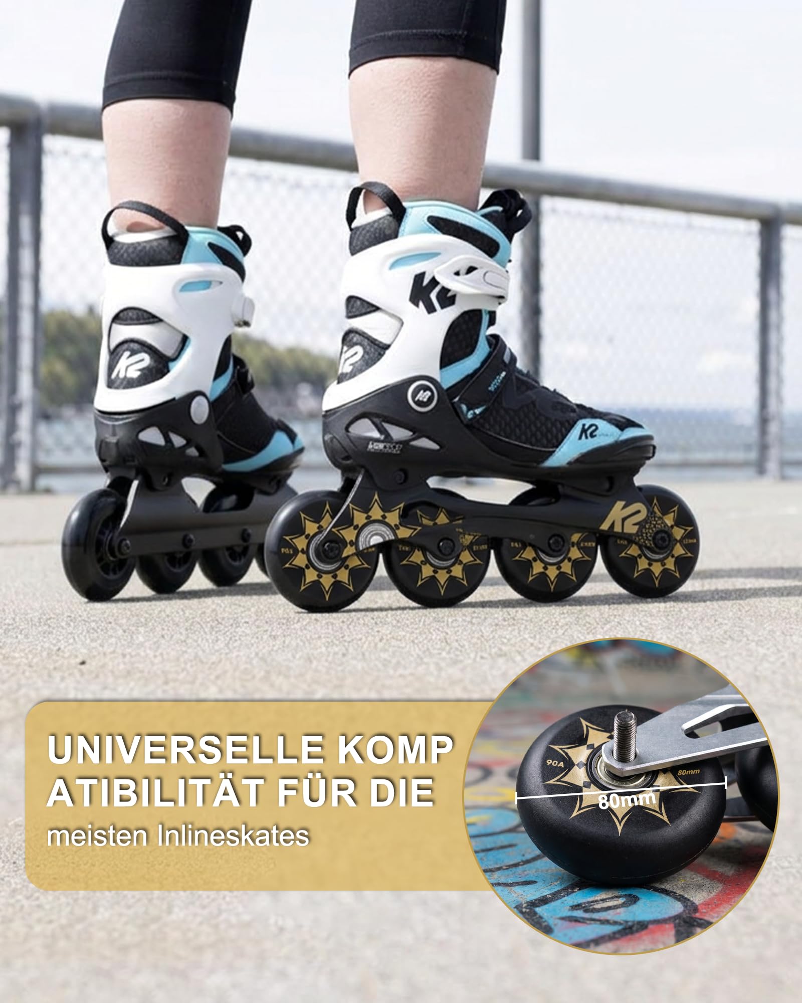 Inliner Rollen 80mm 8-teiliges Set mit ABEC 9 Kugellager, Ersatzrollen für K2 Hudora Apollo Gonex Inlineskates, 82A High Rebound PU Räder für Indoor & Outdoor Training, Schwarz
