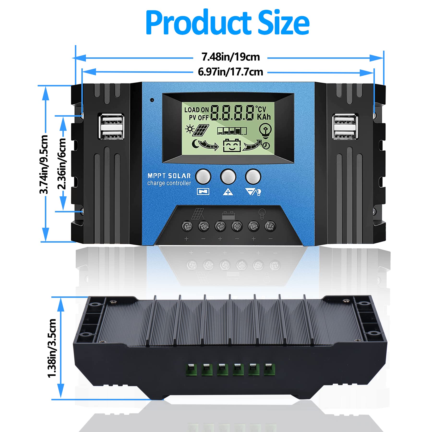 MPPT Solarladeregler 100A – 12V/24V Automatisch, LCD-Display, USB 5V/2A, Für Blei-Gel-Lithium, Negativ Geerdet