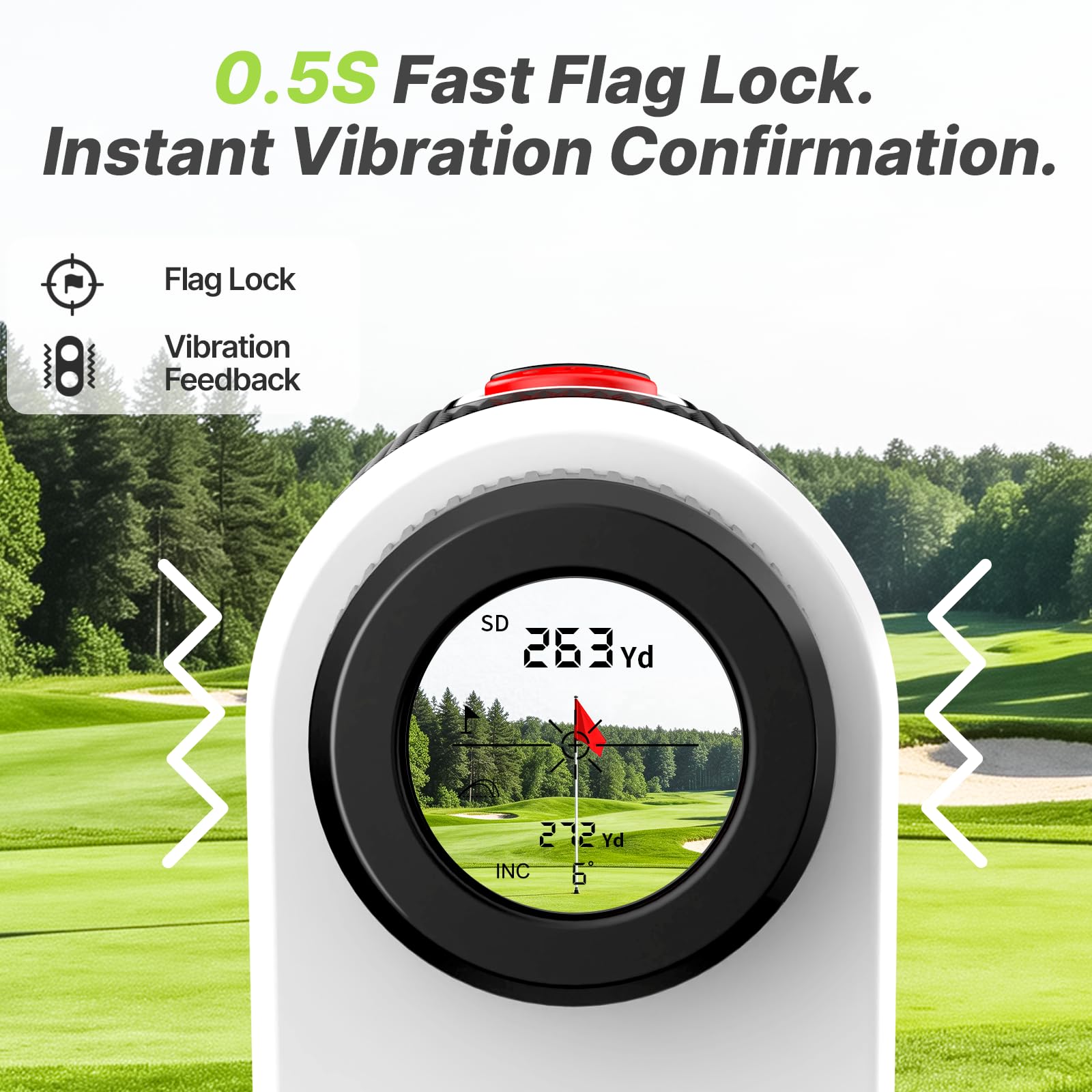 Buscador de rango de golf de 1200 yardas con pendiente de encendido/apagado, vibración de bloqueo de pin, tira magnética y aumento de 7x, pantalla transparente de alta definición, telémetro de golf