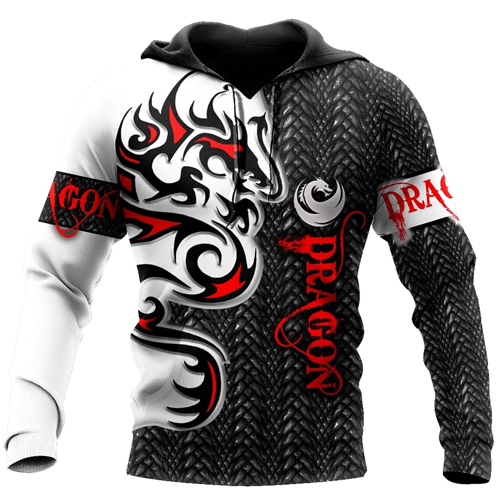 3D Printed Dragon Tattoo Long Sleeve Hoodie, Men's Graffiti Hooded Sweatshirt Loose Casual Pullover Unisex Jacket Streetwear Hoodie 5XL