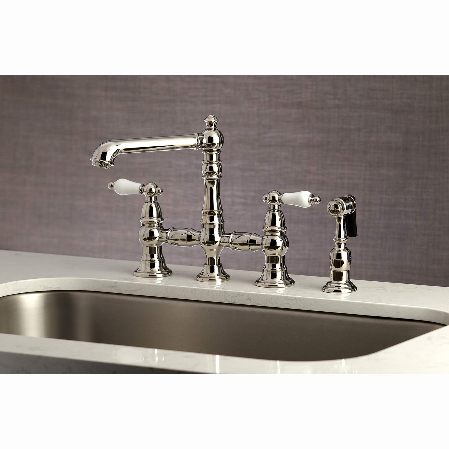 Kingston Brass KS7276PLBS Grifo de Cocina Puente de 8 Pulgadas con pulverizador, Níquel Pulido