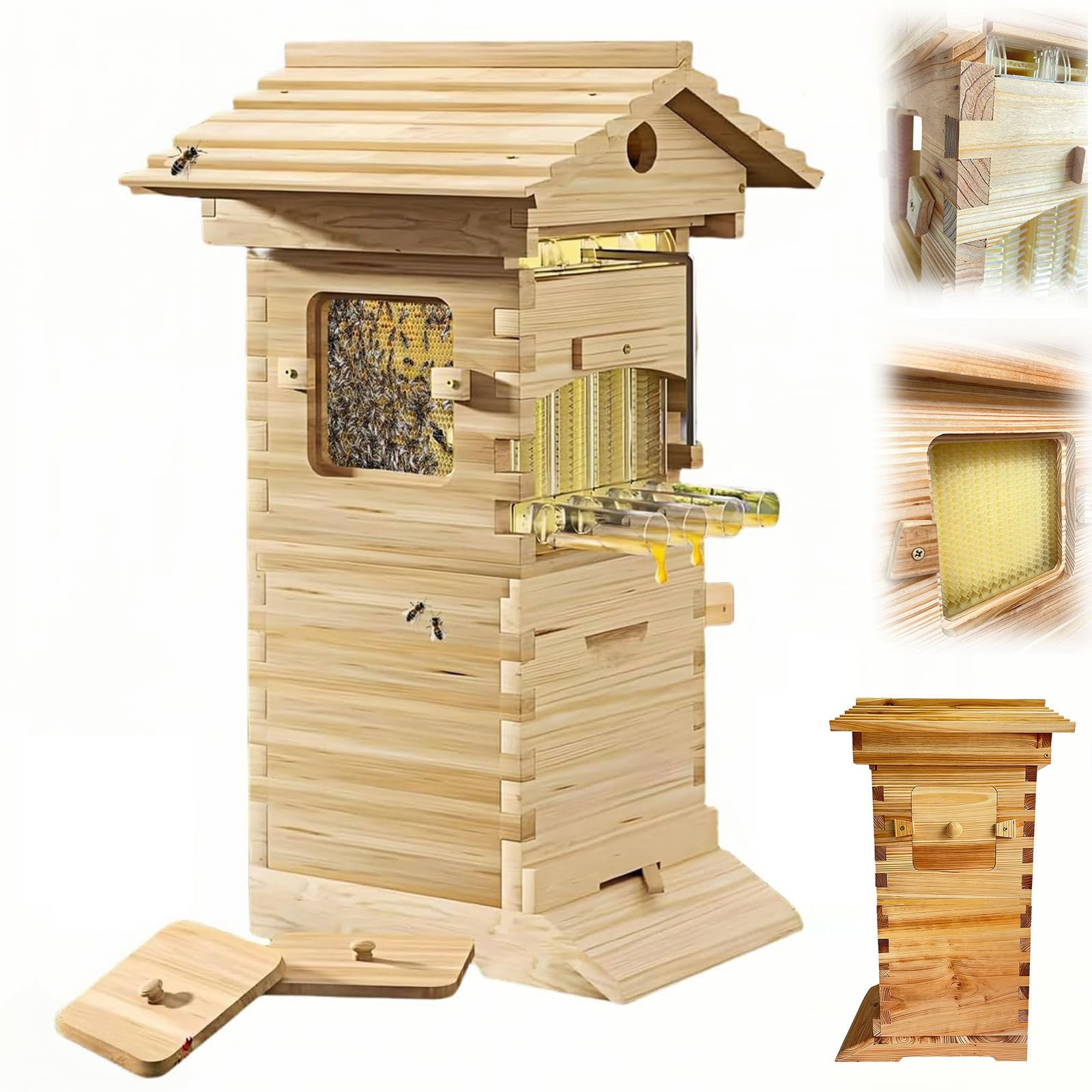 Kit de iniciación de colmena de abejas para principiantes, colmena autofloreciente con marcos de flujo automático, ventana de observación y boquilla de miel para una fácil apicultura en el patio