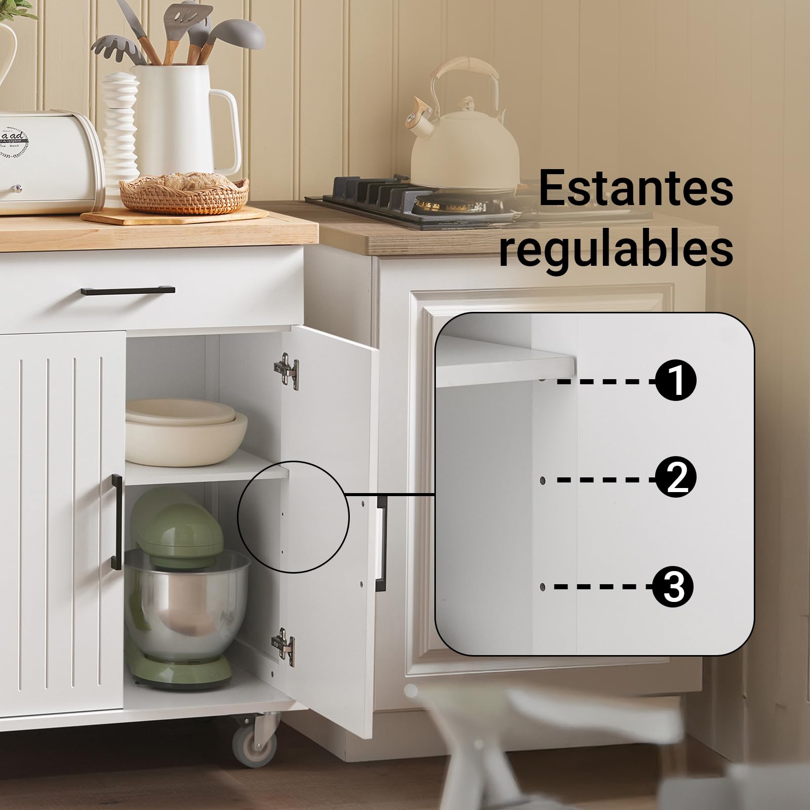 SoBuy Carrito de Cocina con Ruedas, Mesa Auxiliar con encimera de Madera de Caucho, Mueble Auxiliar de Cocina de MDF, Isla de Cocina con cajones – 74x91x46 cm, FKW119-WN