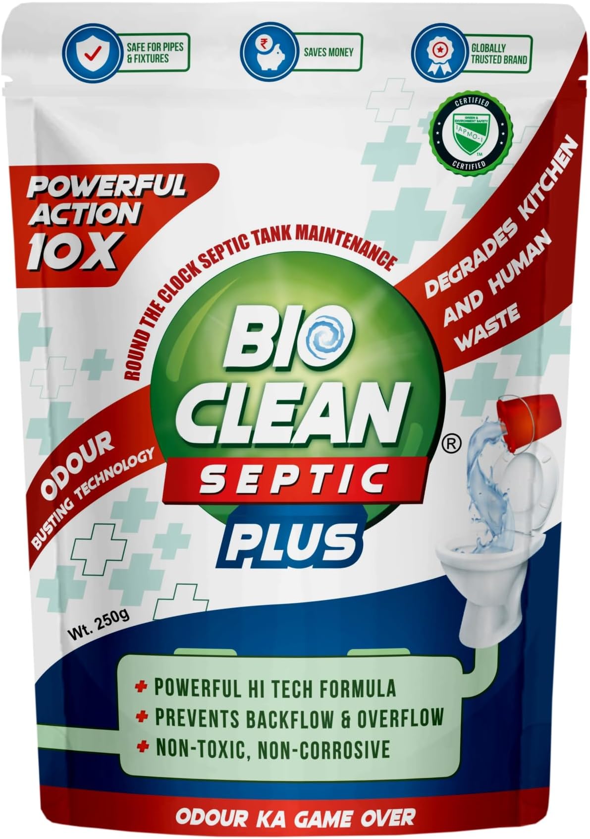 ORGANICA Bioclean Septic Plus 10X Powerful | Odour Removal Formula | Septic Tank Cleaning Powder|Powerful Septic Tank Bacteria Reduces sludge build-up|Degrades Food & Human Waste| Pack of 1 (250 gm)