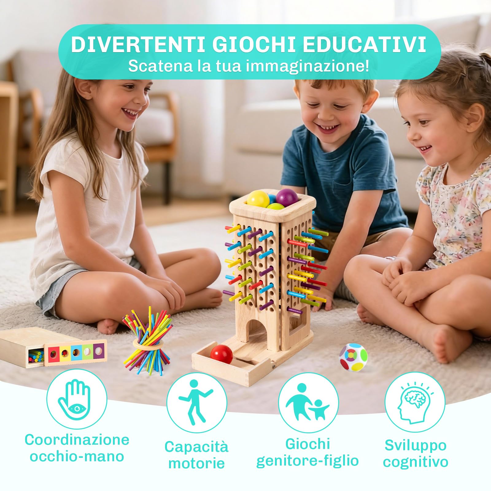 3 In 1 Giochi Montessori Giochi Bambini 3 Anni in Legno, Gioco Educativi Montessori 3 Anni con 40 Game Stick, Scatola Portaoggetti, Giocattoli da Colori Regalo Bambino Bambina 3 4 5 6 Anni