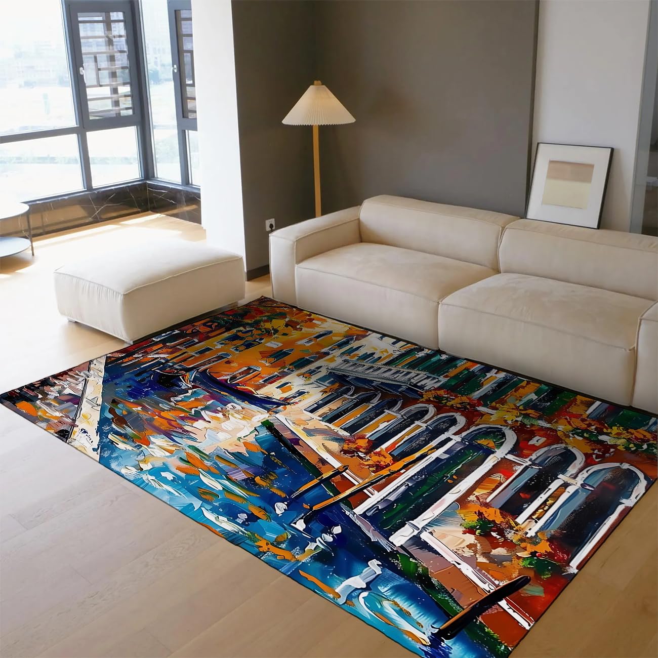 140 x 200 cm Abstrakcyjny dywan z krajobrazem miejskim szczotkowany