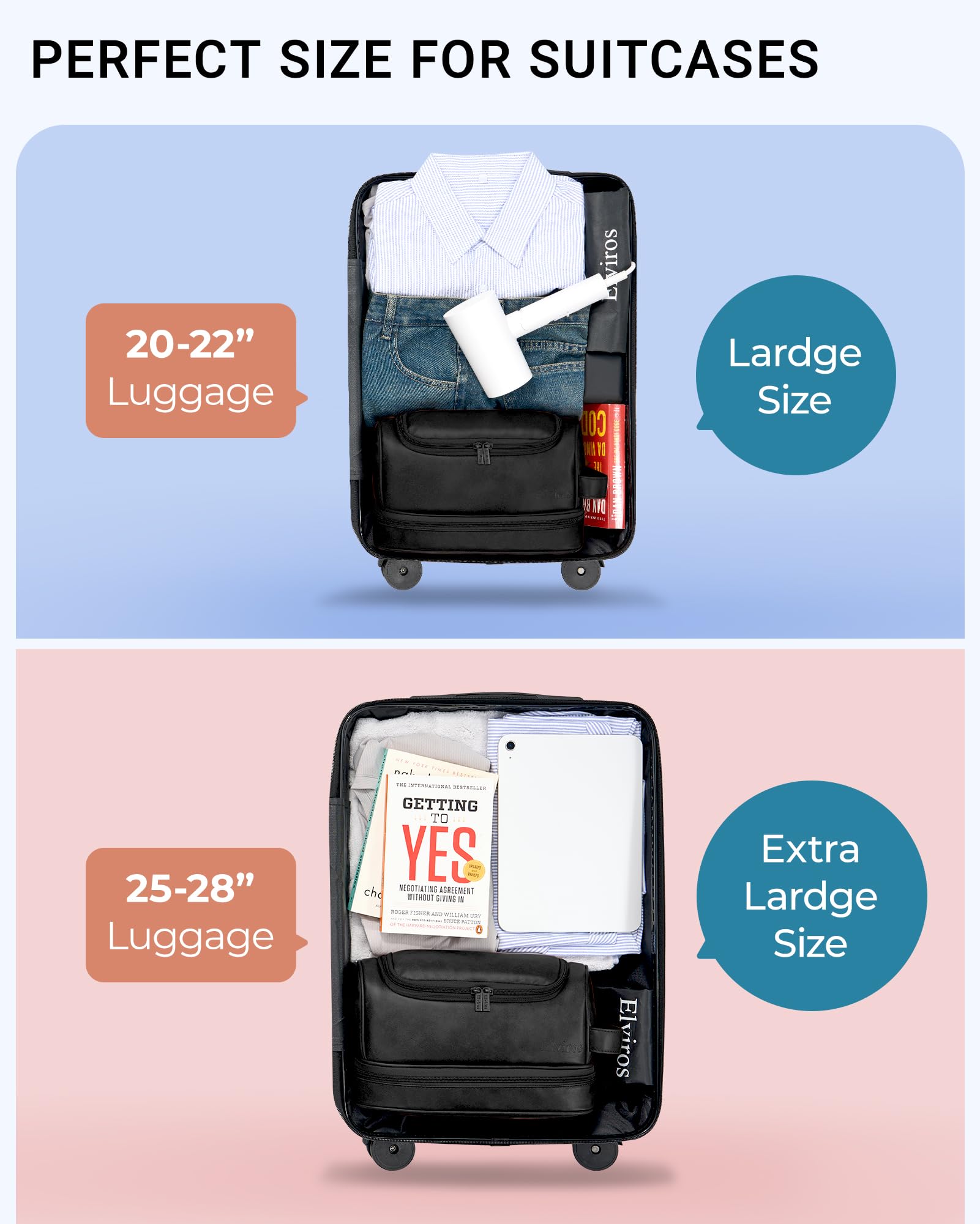 Elviros Beauty case, organizer da viaggio da uomo in pelle con gancio per appenderlo, grande borsa da toilette resistente all'acqua da bagno da donna, nero, Extra Large, Beauty case grande