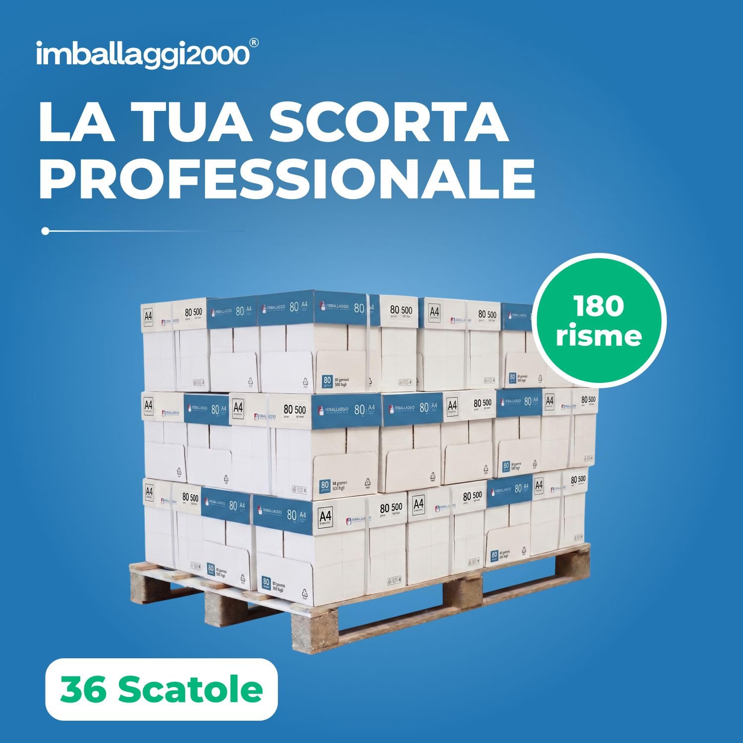 IMBALLAGGI 2000 – Pallet Carta A4 per Stampanti, 180 Risme da 500 Fogli, 90.000 Fogli, Carta A4 di Alta Qualità per Ufficio, Fotocopiatrici e Stampanti, Formato A4, 80 g/m²