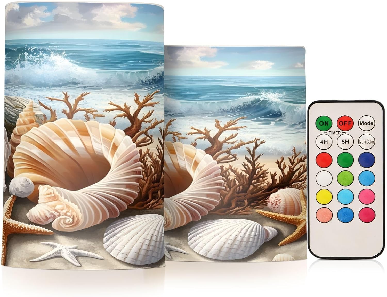 ALAZA Seashell Beach Starfish Ocean Flickering Flameless Candles Pillar Led Candles Battery Operated Candles with Remote and Timers Set of 2