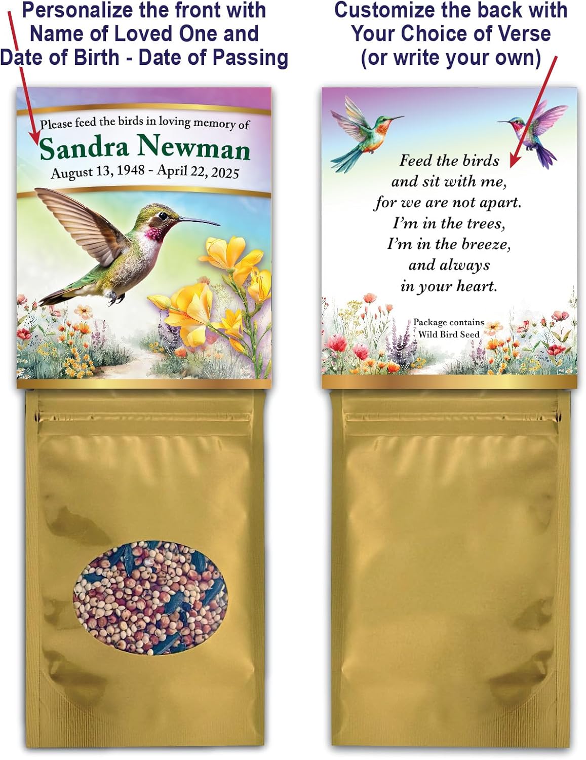 Personalized Hummingbird Garden Memorial Funeral Bird Seed Packets with Choice of Sympathy Poem, Tribute, Keepsake, Wild Bird Seed Favors, Remembrance, Celebration of Life, Wildflower Design - Qty 25