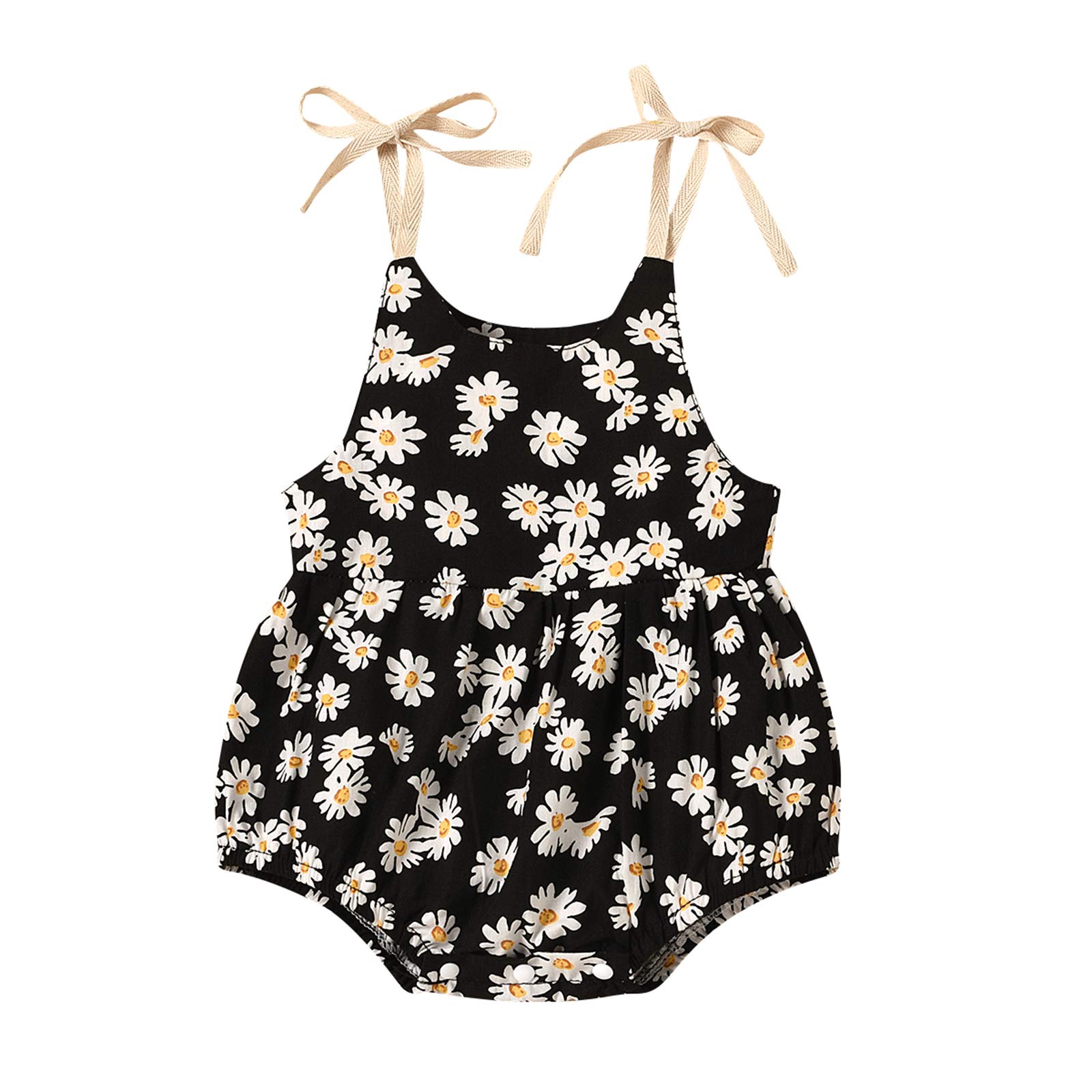 Newborn Infant Baby Girls Summer Clothes Sleeveless Starp Floral Romper Jumpsuit One Piece Bodysuit Outfits (01 Daisy Flower Black, 12-18Months)