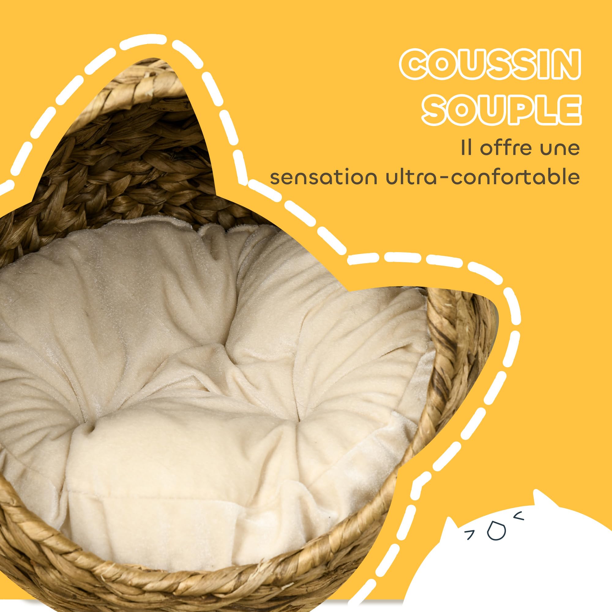 PawHut Panier Chat lit surélevé Chat Cosy Niche Grotte à Chat Grand Confort dim. 42L x 33l x 52H cm Coussin Moelleux Beige Inclus