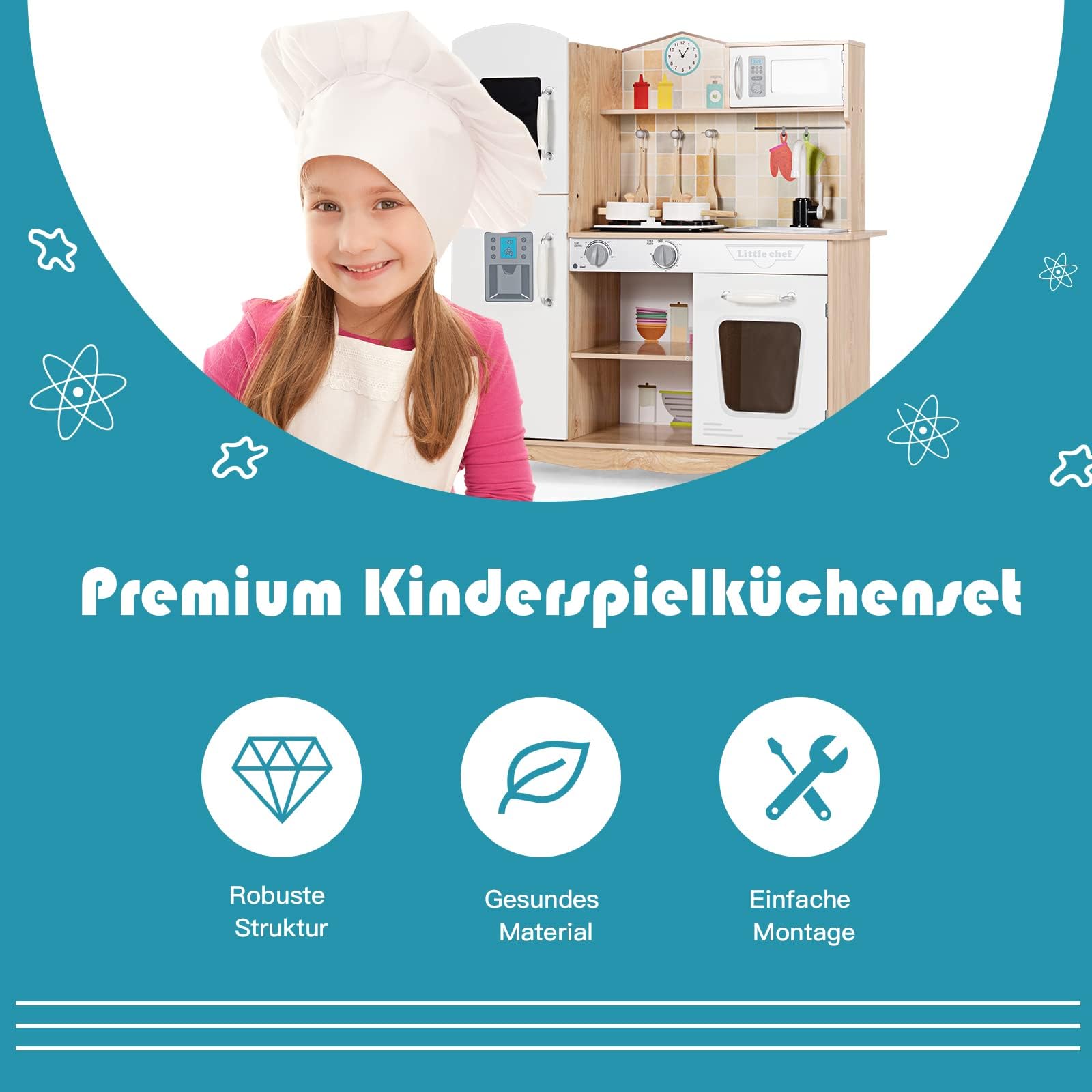 FANTASK Cocina infantil de madera para niños a partir de 3 años, cocina de juegos para niños con ganchos y estante desmontable, cocina infantil de madera con luz y sonido, 81 x 29 x 88,5 cm