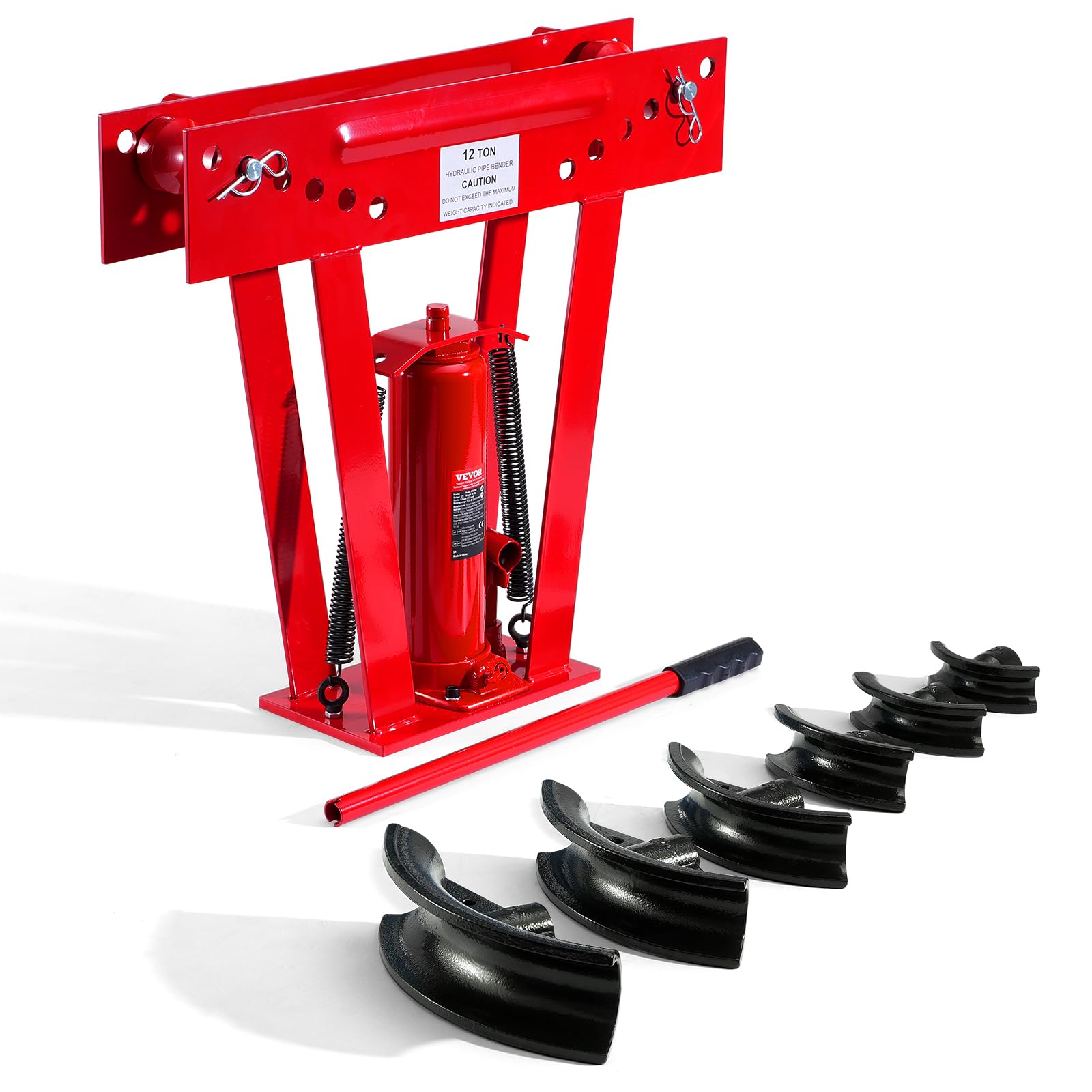 VEVOR Piegatubi Idraulico Piegatubi per Tubi Scarico in Rame 12 Tonnellate 6 Matrici (1/2'', 3/4'', 1'', 1-1/4'', 1-1/2'', 2''), Rulli Regolabili da 90° a 180° per Tubi in Metallo, Piegatubi Manuale
