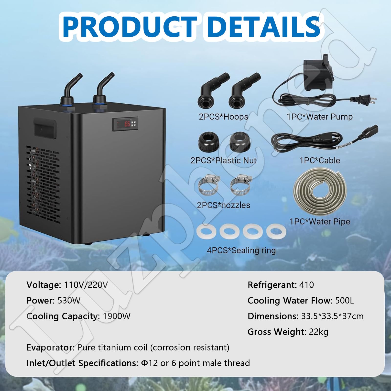 Aquarium-Kühler für Aquarien, Wasserkühlmaschine für Eisbad, Kalttauchen, inklusive aller Schläuche, Pumpen, 500 l