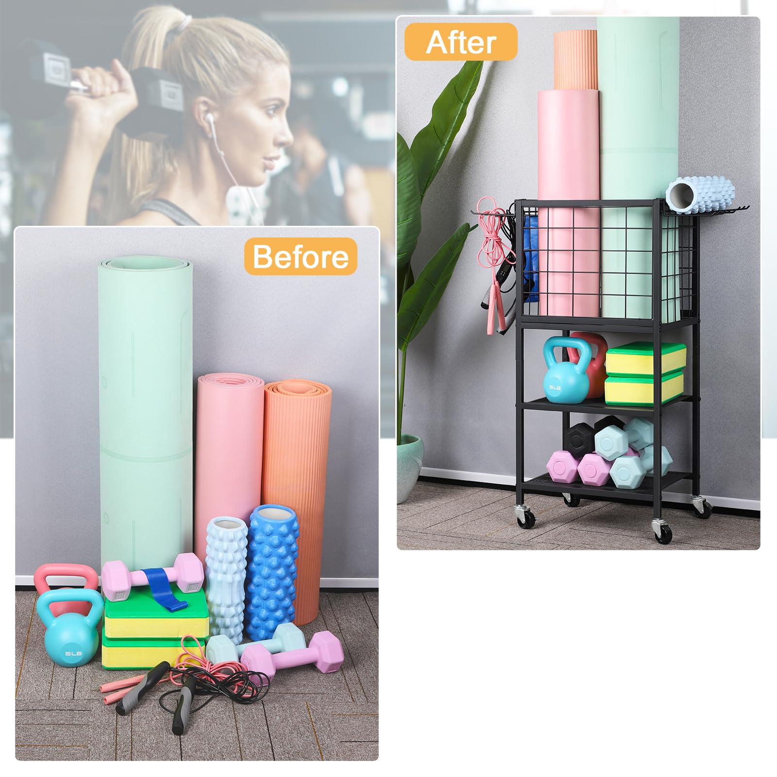 ETELI Yoga Mat Storage Rack Home Gym Workout Equipment Storage Cart with Hooks Wheels Small Metal Weight Rack for Dumbbells, Kettlebells, Foam Rollers, Resistance Bands, Yoga Block