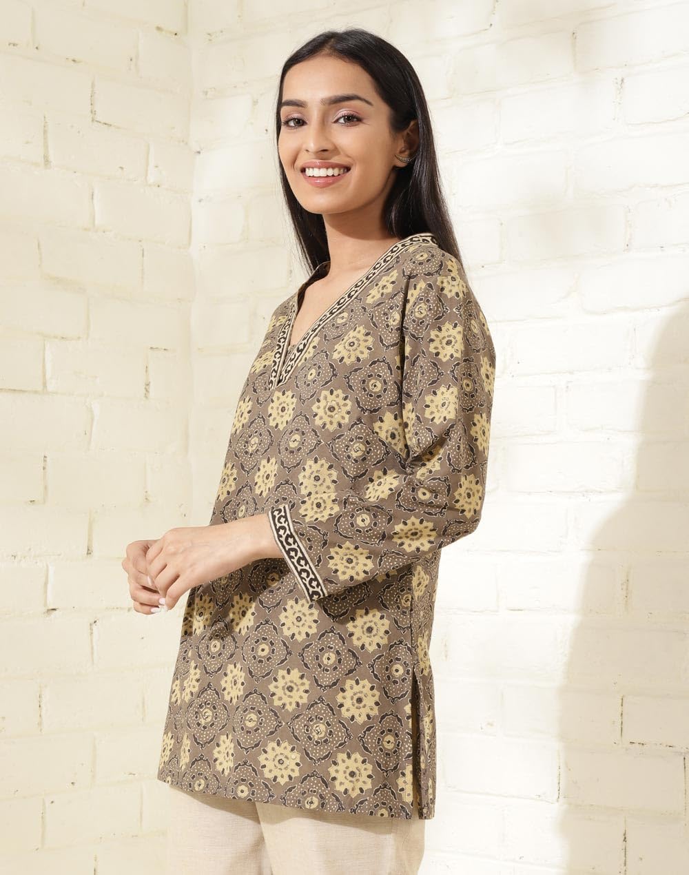 Fabindia Women's Cotton Printed Slim Kurta (1037347Grey- Grey-Mustard