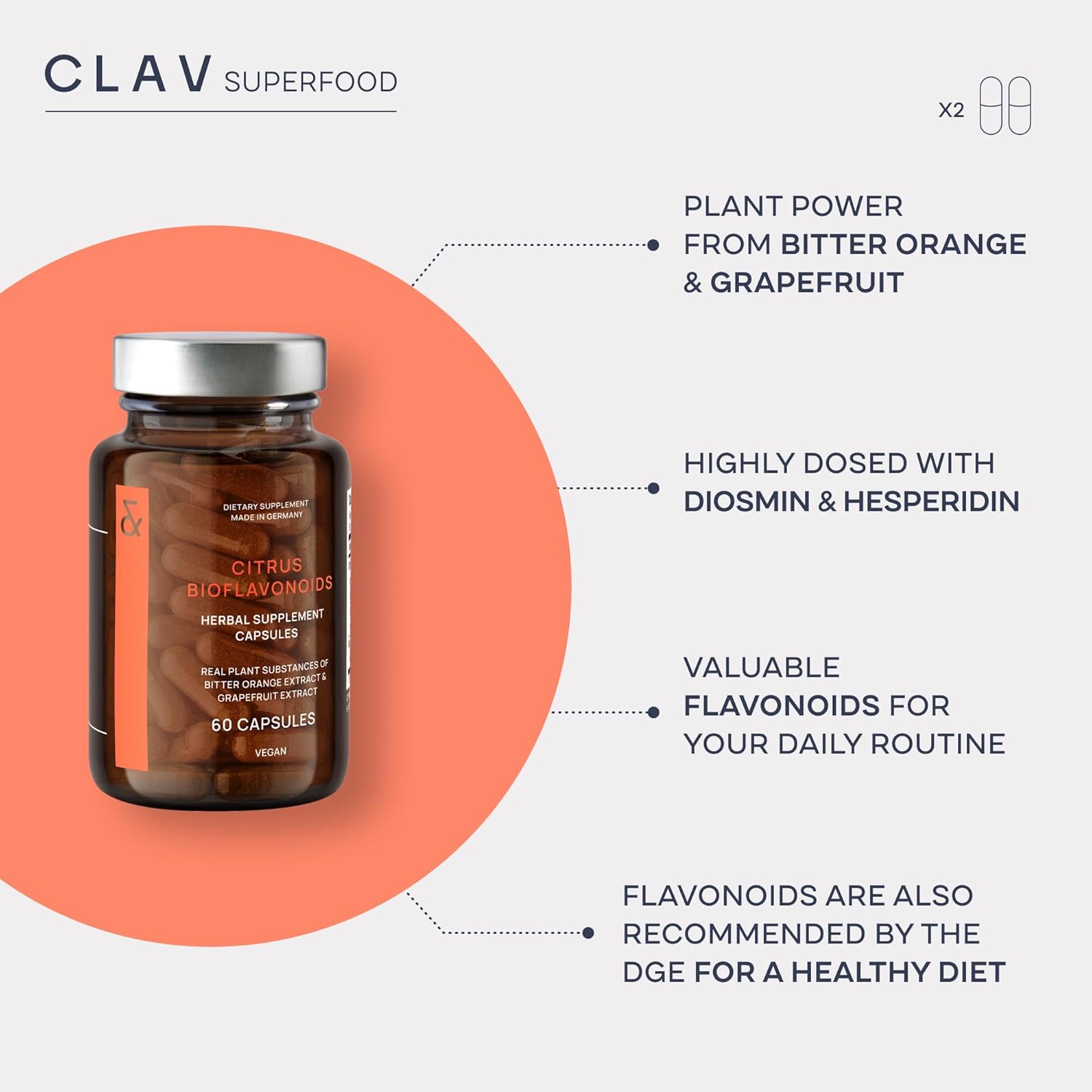 CLAV Citrus Bioflavonoids - Vegan Flavonoids Supplements Made from Bitter Orange and Grapefruit Extract - Antioxidant & Immune Support - 60 Capsules - Made in Germany - Image 3