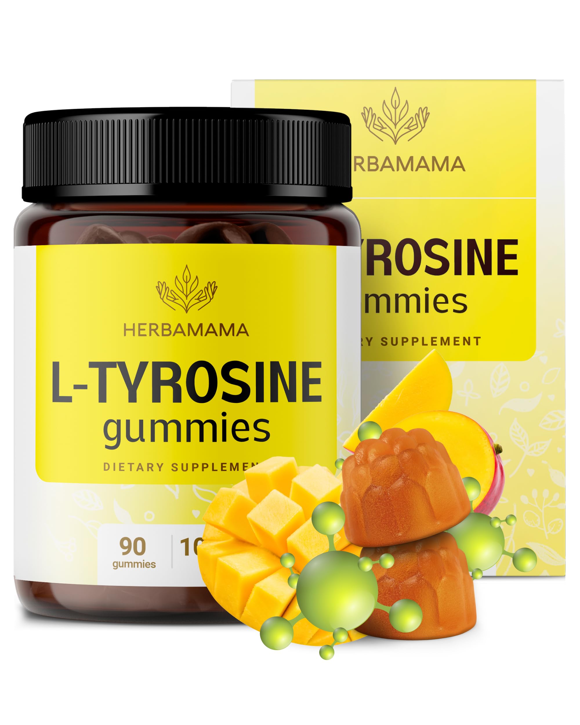 HERBAMAMA L-Tyrosine Gummies - 1000mg L-Tyrosine for Brain Clarity Support - Vegan, Non-GMO Energy and Focus Supplement - 90 Pectin-Based Mango-Flavored Chews