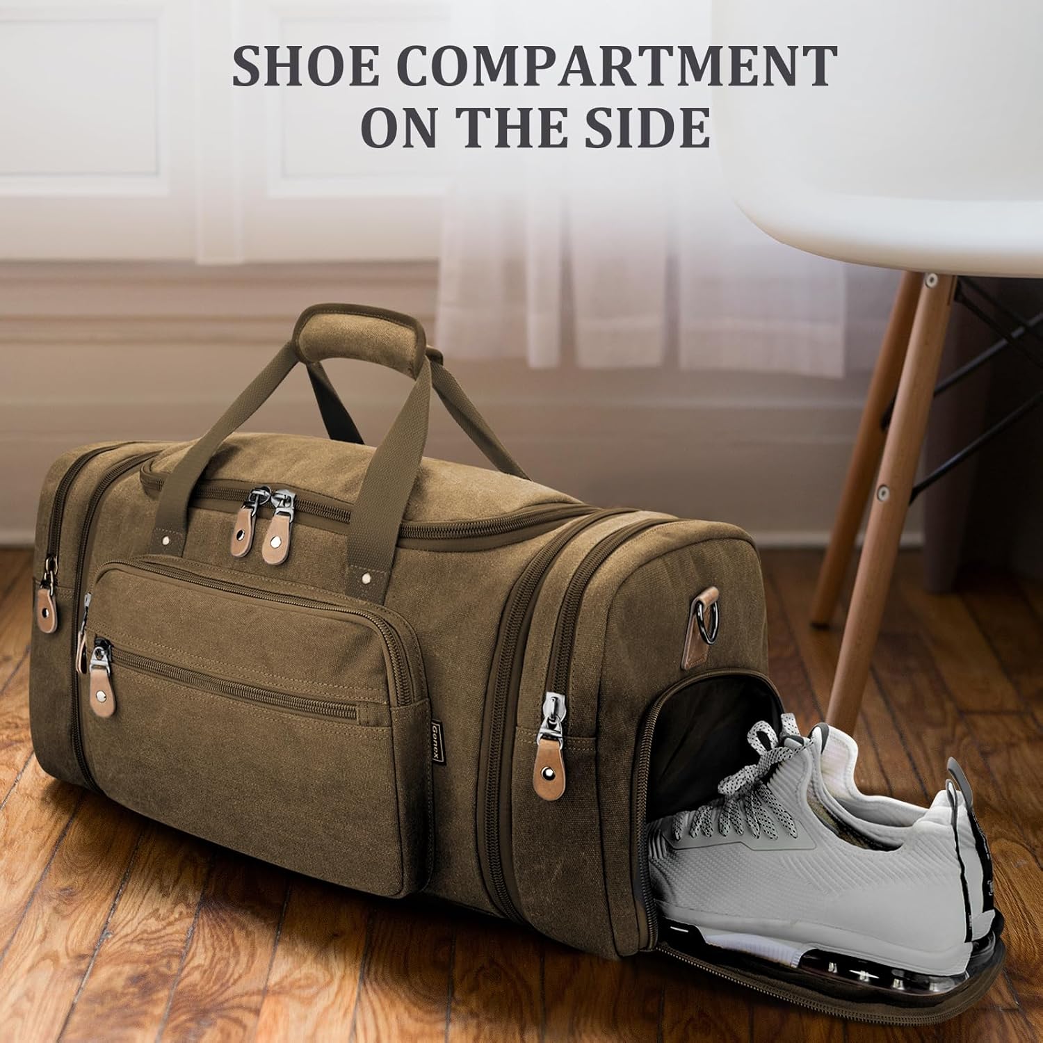 Gonex Canvas Duffle Bag 60L Travel Duffel Overnight Weekend Bag with Shoe Compartment (Coffee) - Image 2