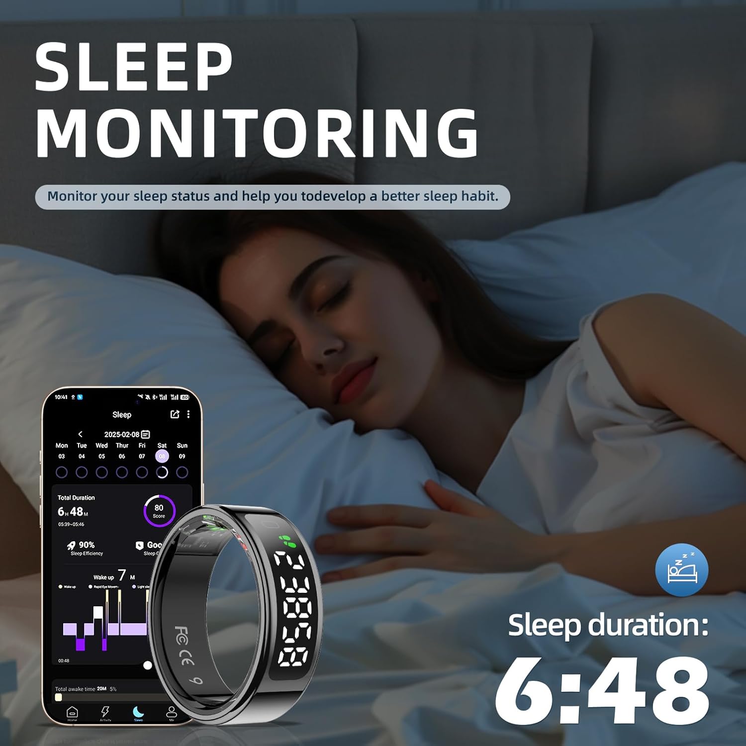 LCD Display Smart Ring - Sleep Tracker Touch Control Ring with Heart Rate/Blood Oxygen/Step Counter, Wireless Charging Dock, 5ATM Waterproof Fitness Tracker, No Subscription Fee for iOS/Android - Image 4