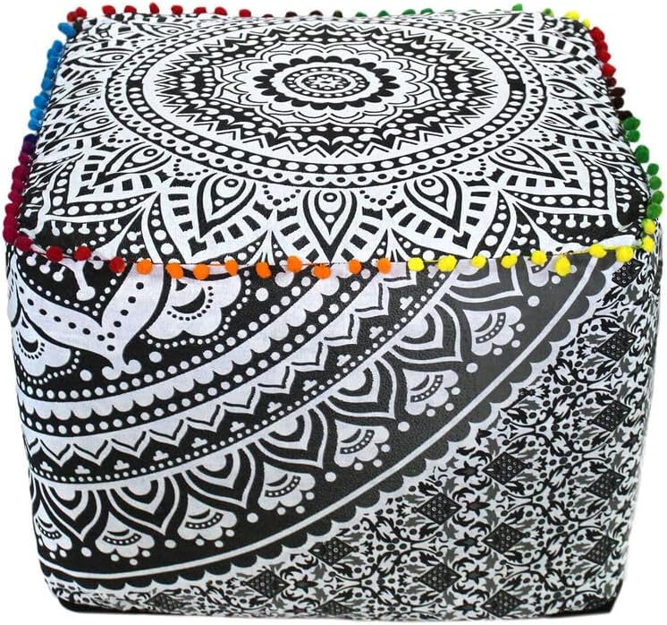 Indian Handmade Mandala | Square Ottoman Pouf Cover | Footstool Seating (Gray Ombre Mandala, 22x22x22)