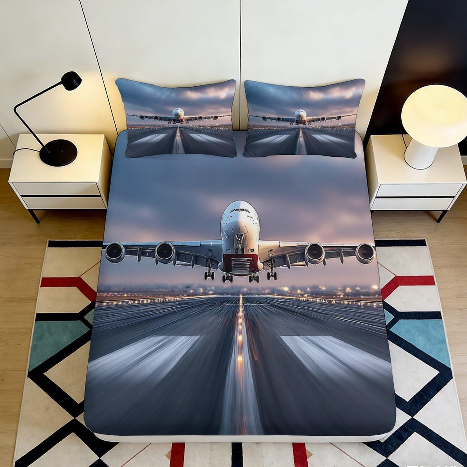 Pnayamiorkfel Style-5 3D Printed Airplane Runway Fitted Sheet Microfiber Anti-Slip Bed Cover For Bedroom Guestroom Decor Machine Washable 90X200x25cm
