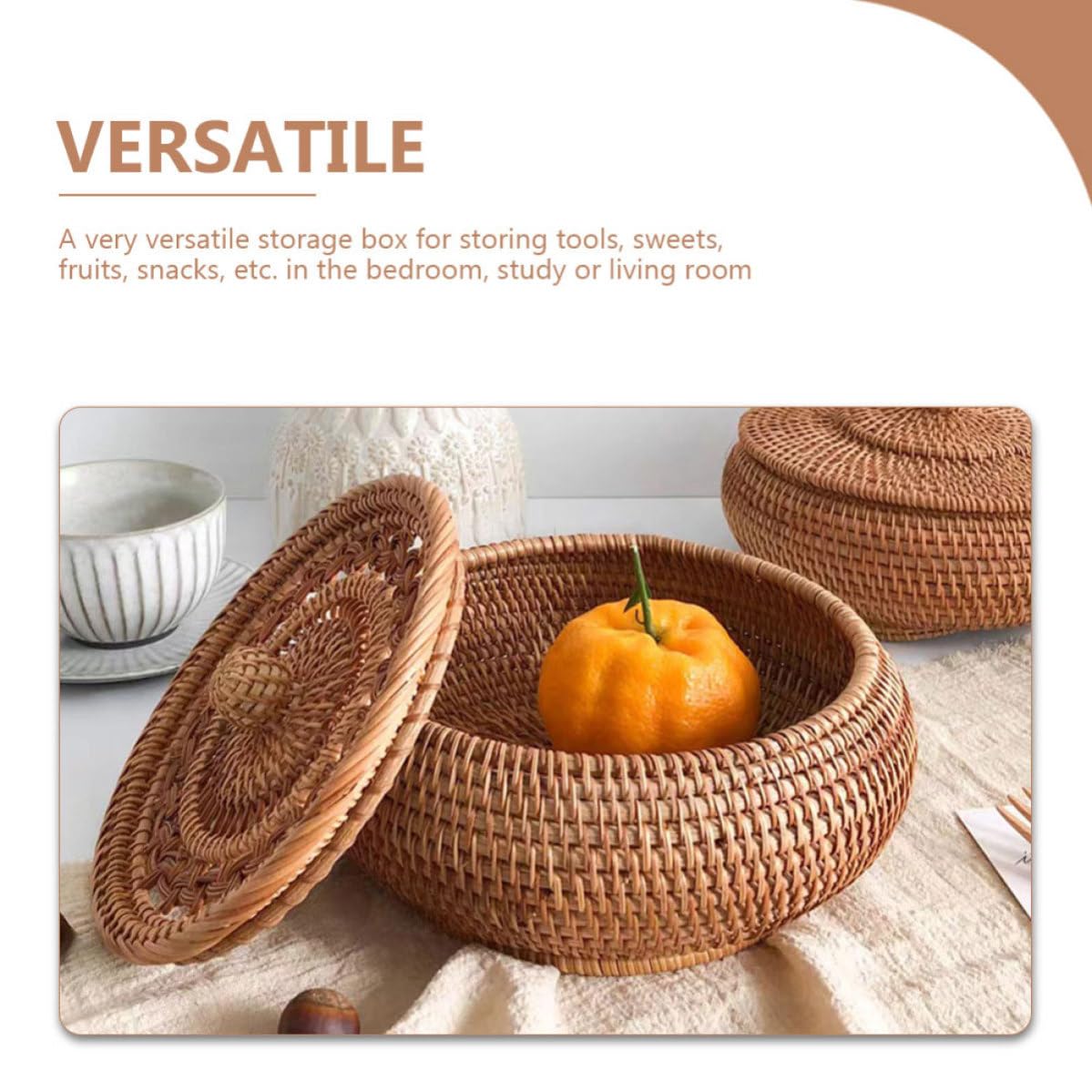 Cesto Portaoggetti per Dolci e Snack Coperchio in Rattan Intrecciato Resistente e Pratico per in Camera da o Studio