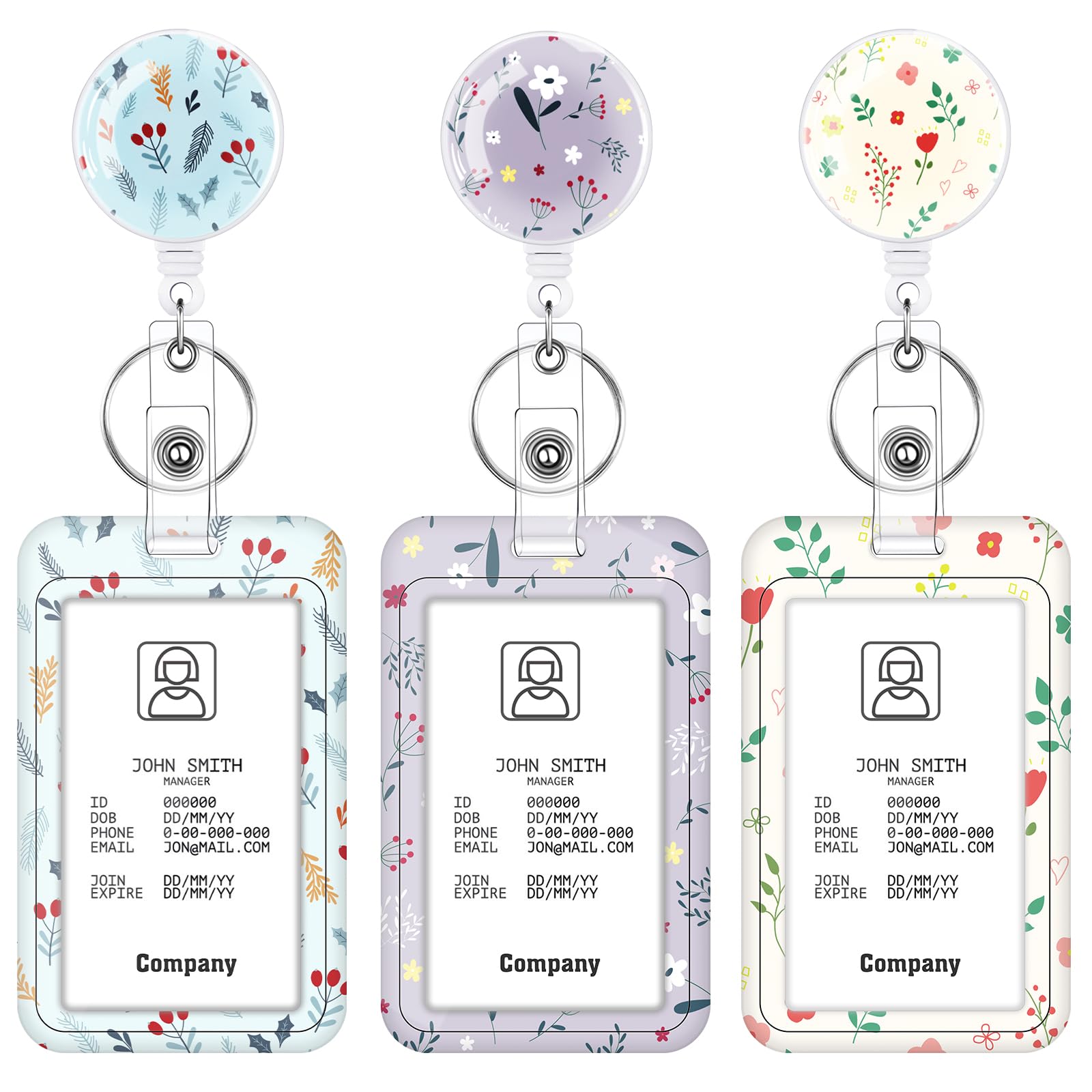 3 Set Badge Holder with Retractable Reel, Flower Pattern Retractable ID Badge Holders with Clip Name Key Card Holder Case for Nurse Doctor Student