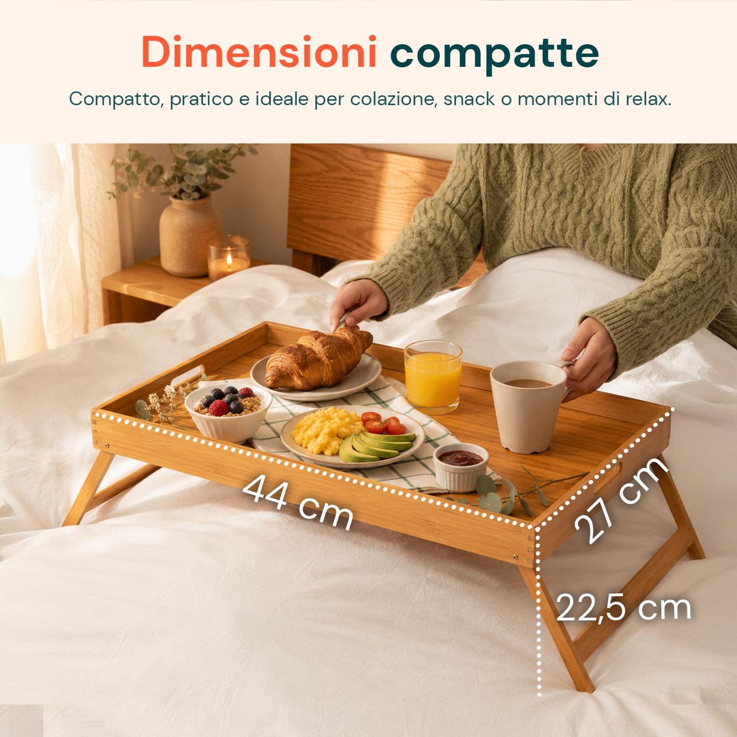 Avilia Vassoio per Colazione a Letto in Bambù con Piedini Pieghevoli - Elegante Tavolino da Letto per Colazione - Vassoio Multifunzionale - 50x30x21cm (Legno Naturale)