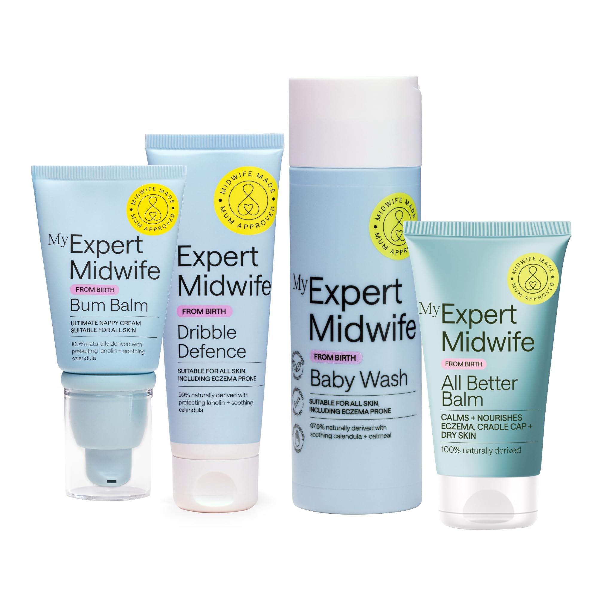 My Expert Midwife Newborn Baby Mega Mild Skincare Starter Kit, Clean Ingredients, Sensitive Skin + Fragrance Free, Set of 4-Cleansing Wash, Nappy Cream, All Better Balm, Dribble Defence