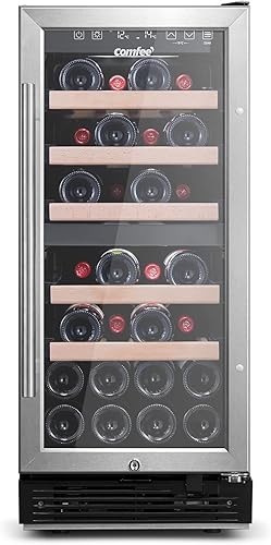 COMFEE' CRW28B7AST Enfriador de vino independiente e integrado, refrigerador de vino de 28 botellas, zona de enfriamiento doble, control digital,