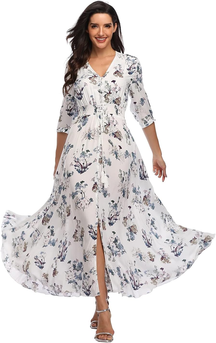 Summer Floral Print Maxi Dress Women Button Up Split Long Flowy Bohemian Beach Party Dresses