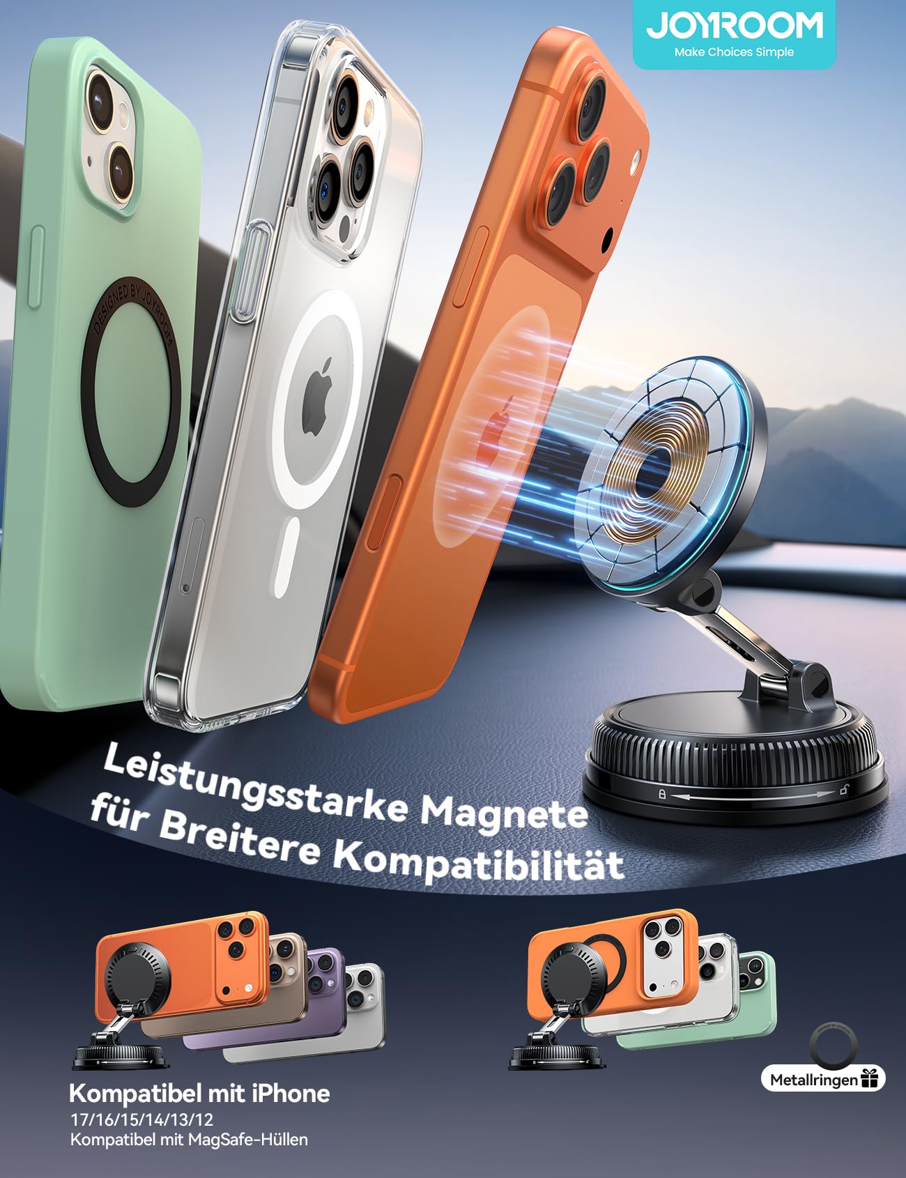 JOYROOM Magsafe Autohalterung mit Ladefunktion 15W,[Vakuum & Stärkster Gel ] Handyhalterung Auto mit Ladefunktion,360° Drehbarem & Klappbarem Charger Magnet Handyhalterung fürs Auto iPhone 17-12