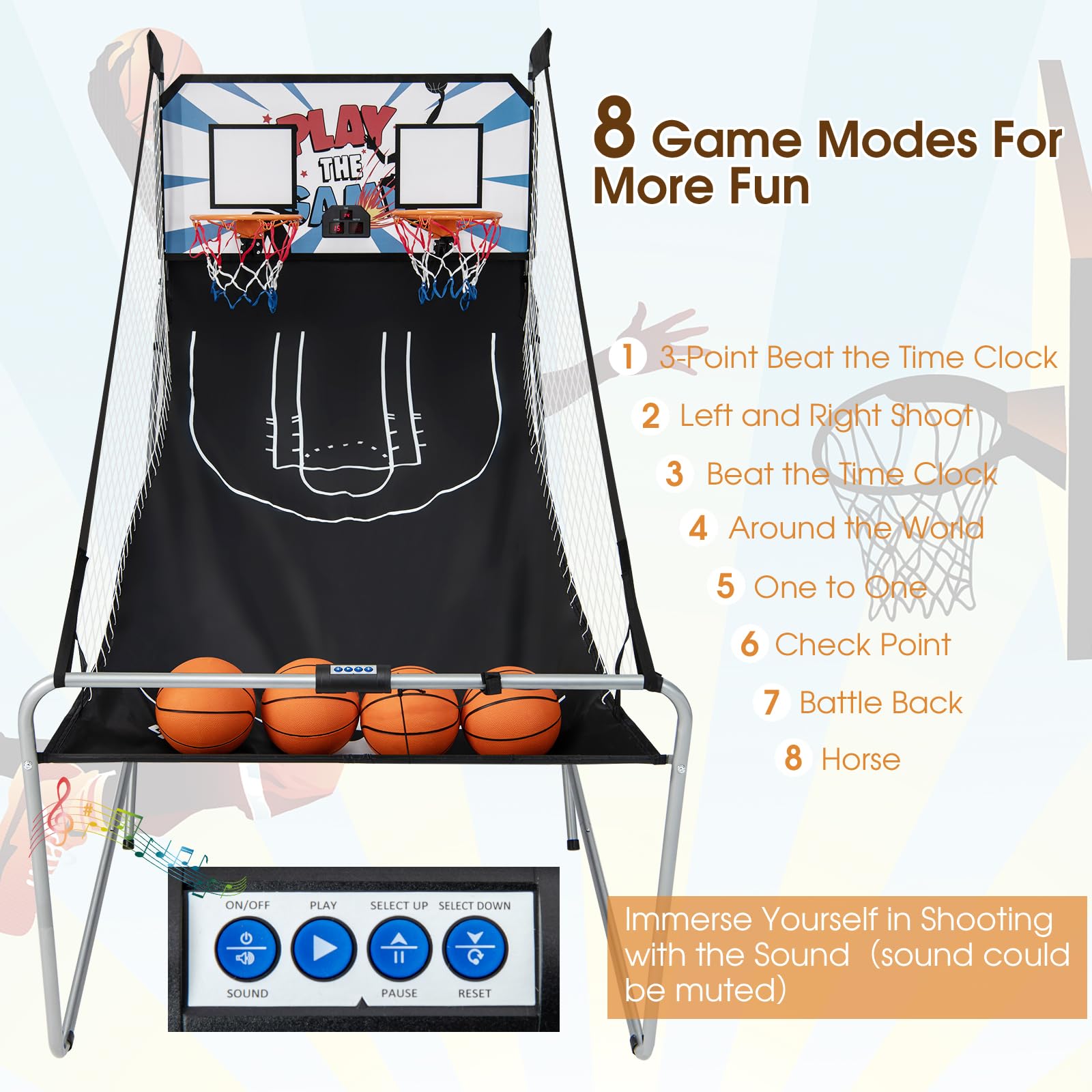 KOMFOTTEU Set di cestini da pallacanestro, arcade pieghevole a doppio cestino con contatore elettronico, 8 in 1 macchina da tiro da basket con 4 palline e pompa, 202 x 107 x 205 cm (bianco)