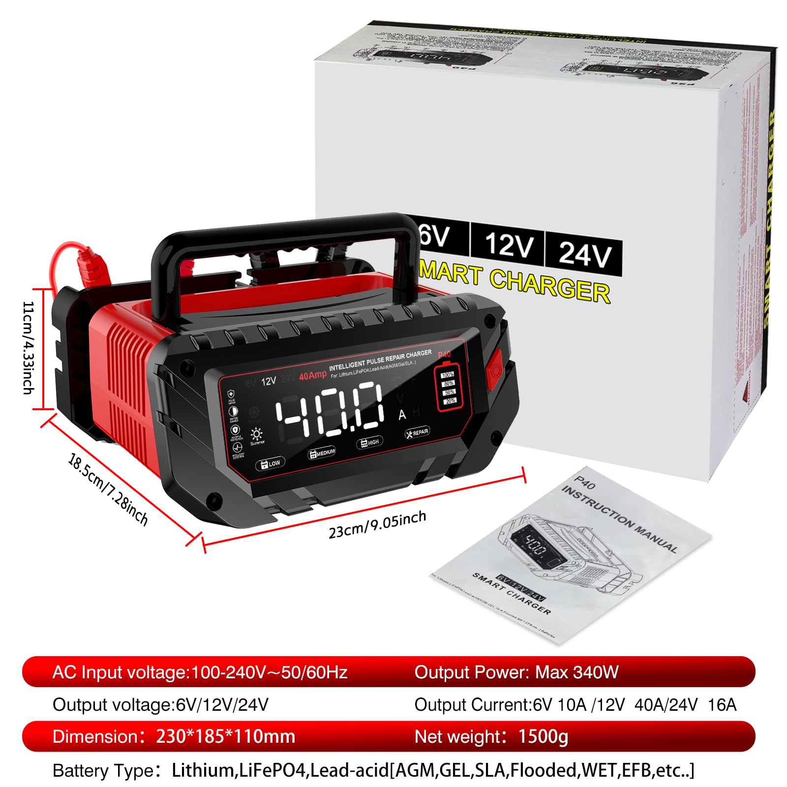 Haisito Caricabatteria da auto 40 A, display LCD, 6 V/12 V/24 V, il caricabatterie è adatto per auto, veicoli agricoli, barche, litio LiFePO4 e acido piombo (AGM, MF, EFB, ecc.)
