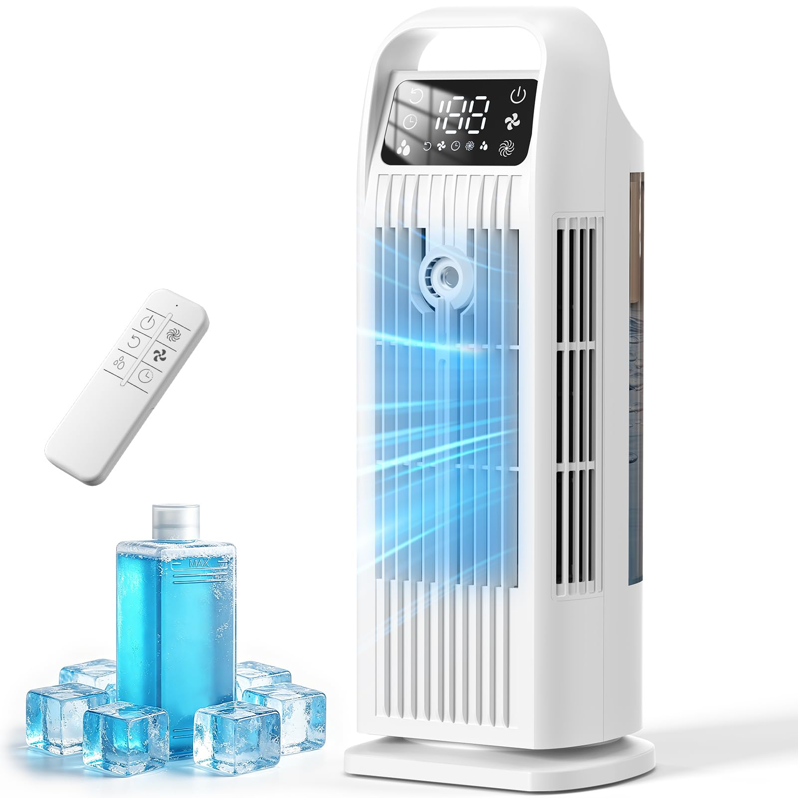 Aire acondicionado móvil 6 en 1, aire acondicionado portátil silencioso con enfriador de aire 1200 ml, 1-12 horas temporizadores, 4 velocidades, 120 °Oscillación, teclas táctiles (blanco nube)