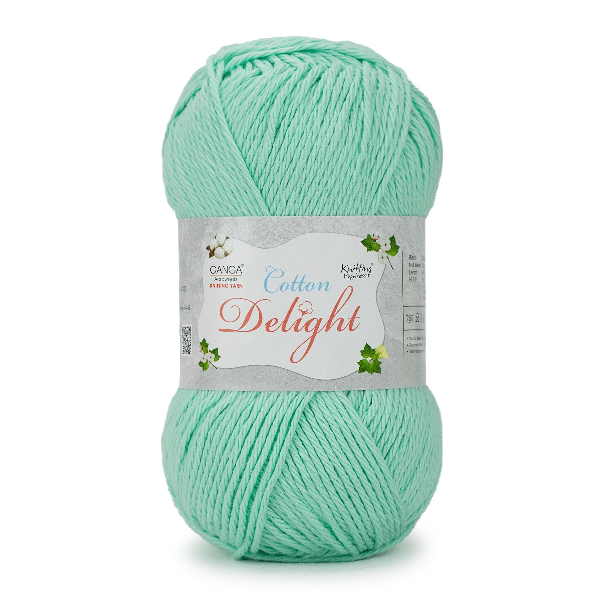 Ganga Acrowools Cotton Delight, Dk Weight Cotton Yarn, Oekotex Class L Certified 100G, 169M (Lite Green)